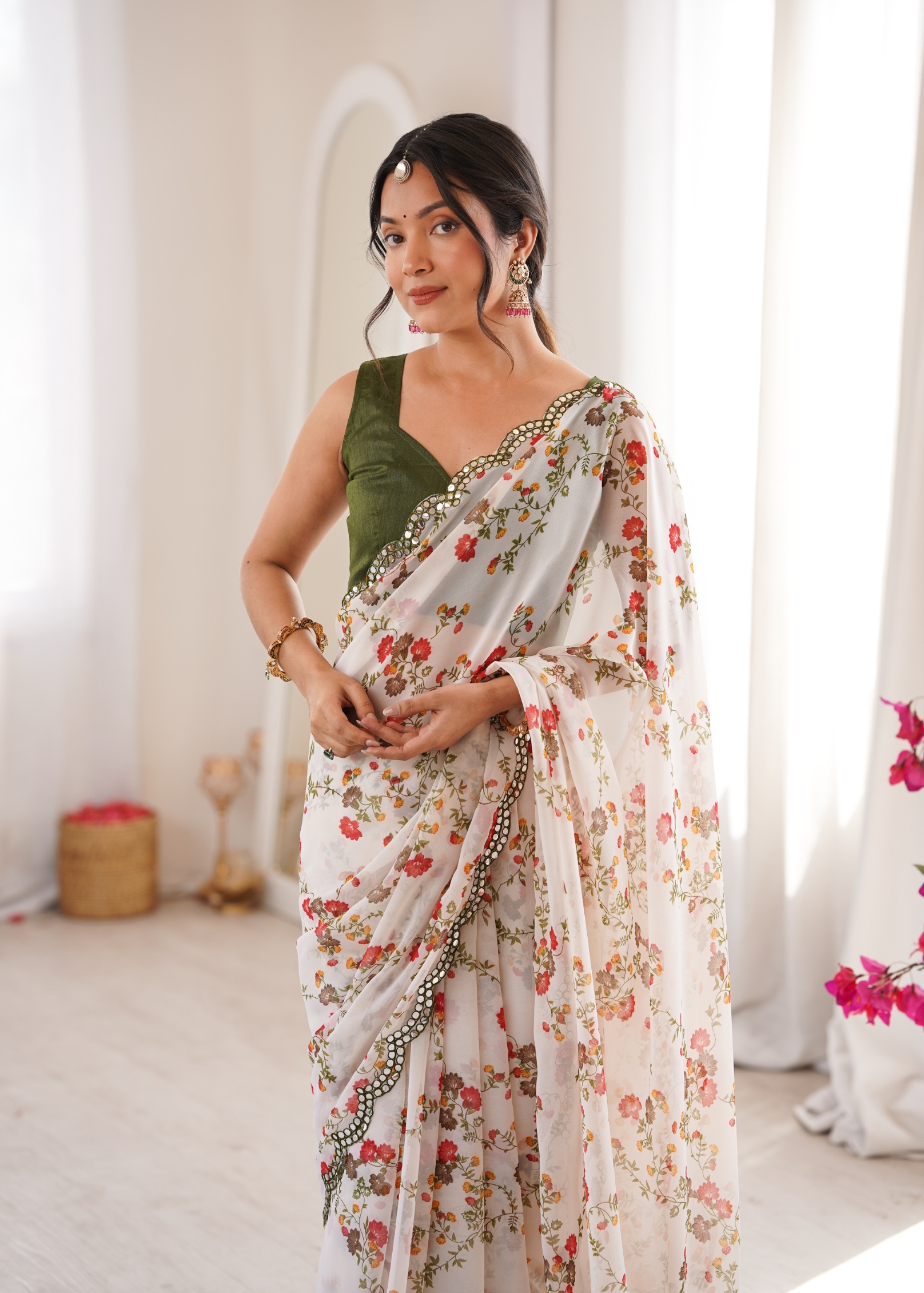 White Floral Printed Georgette Party Saree