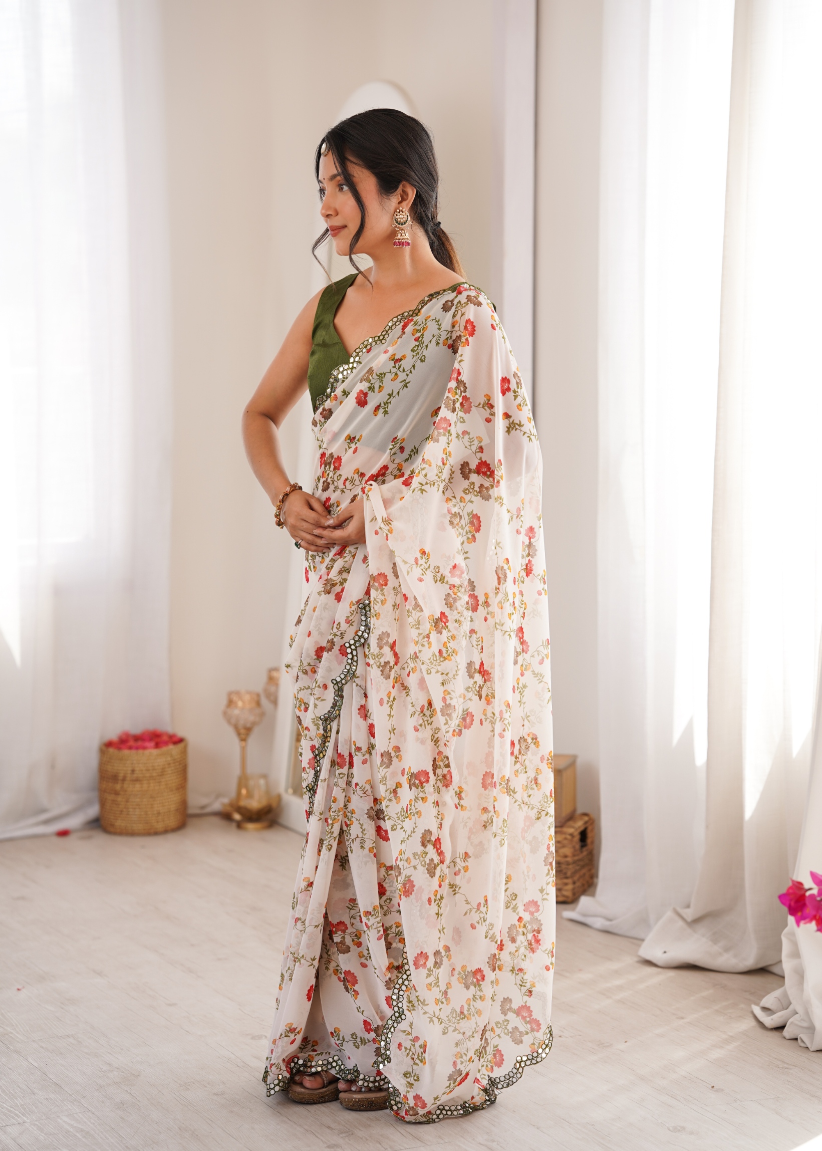 White Floral Printed Georgette Party Saree