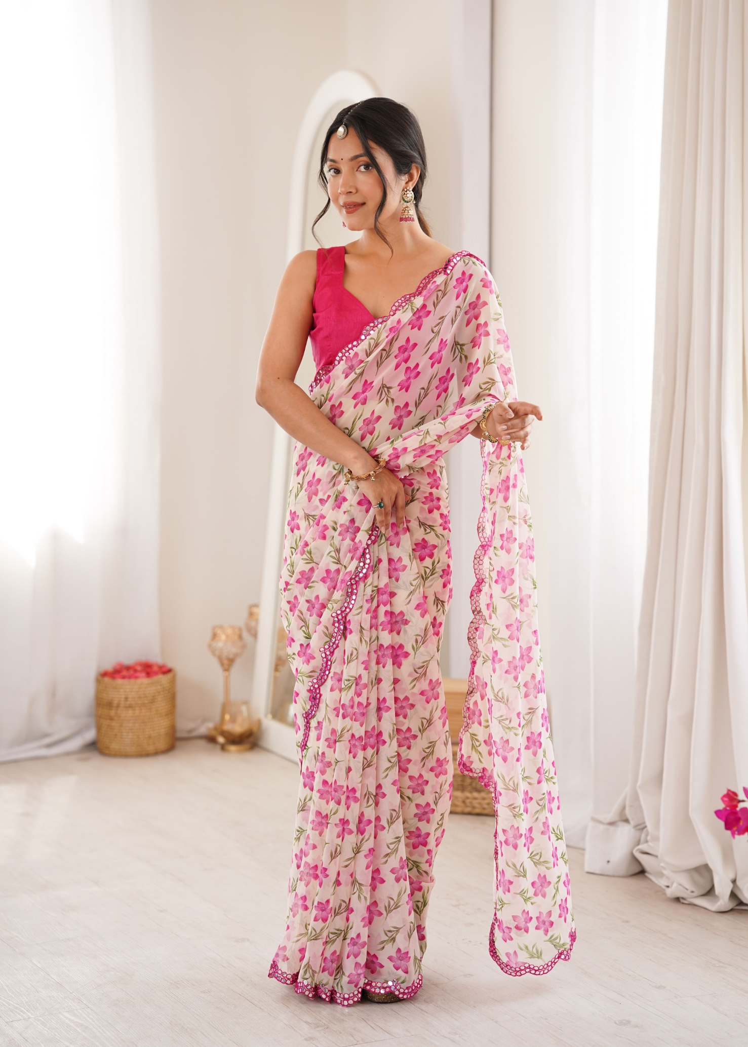 White Floral Printed Georgette Saree