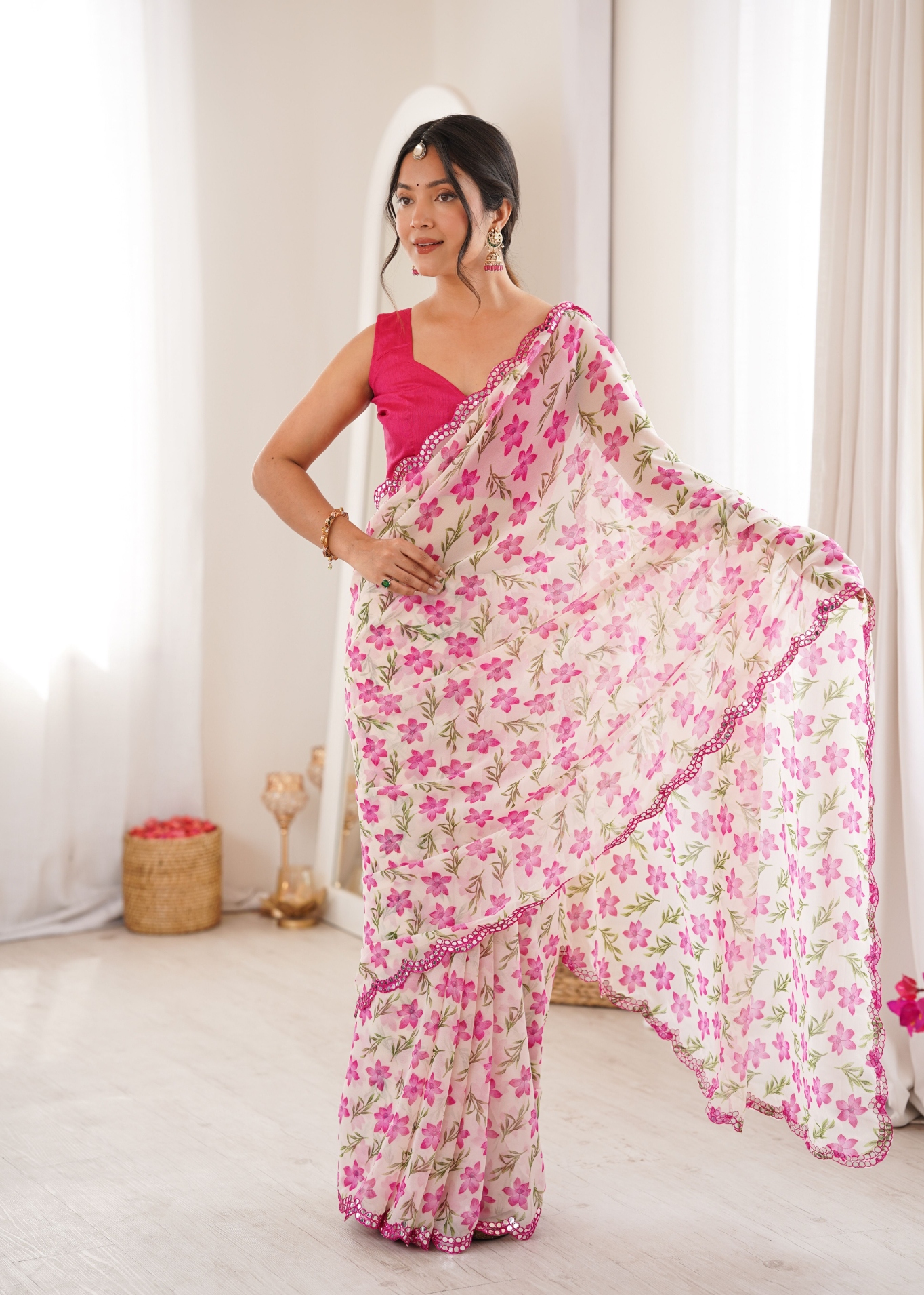 White Floral Printed Georgette Saree