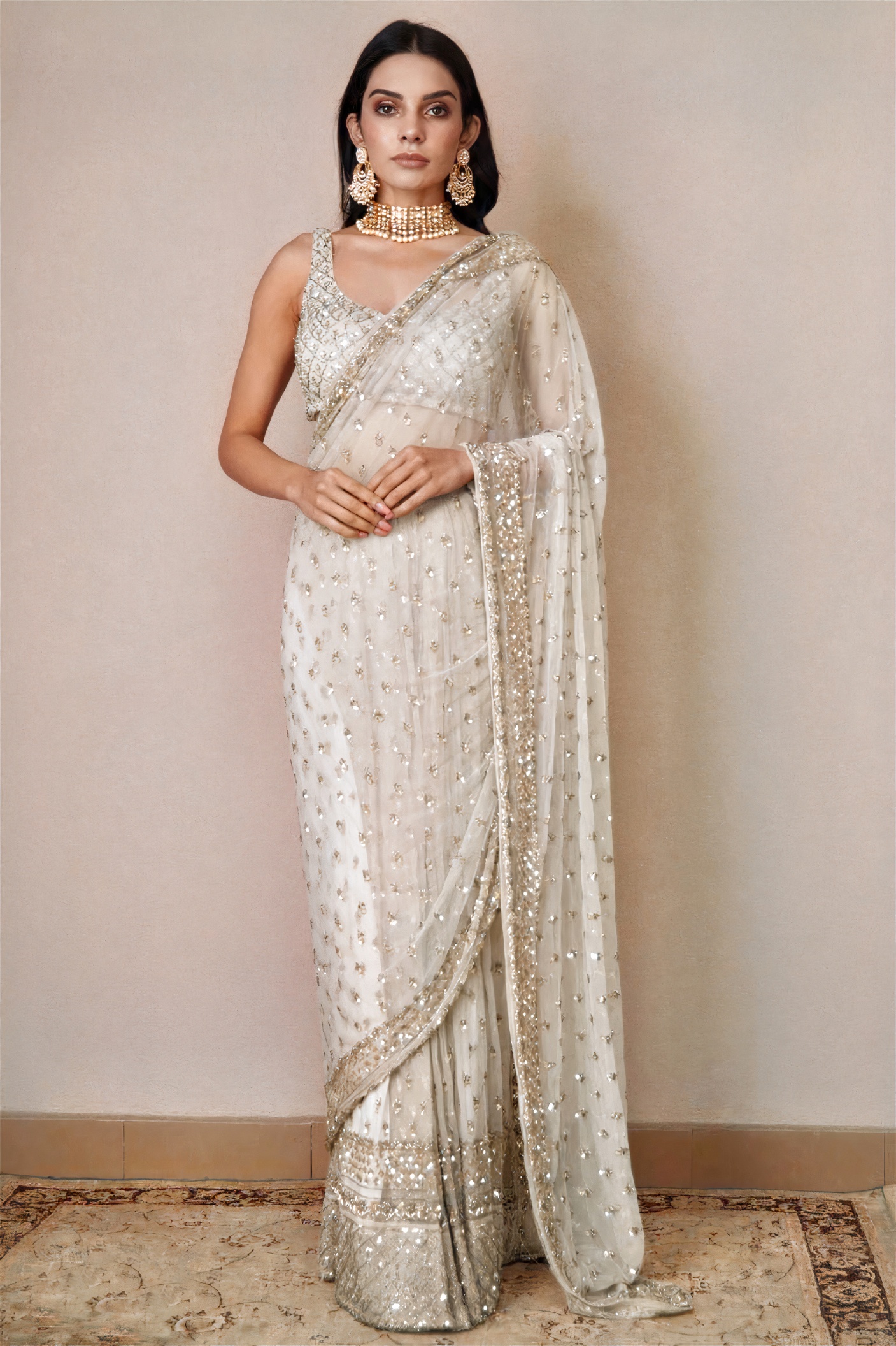 White Floral Sequin Net Saree