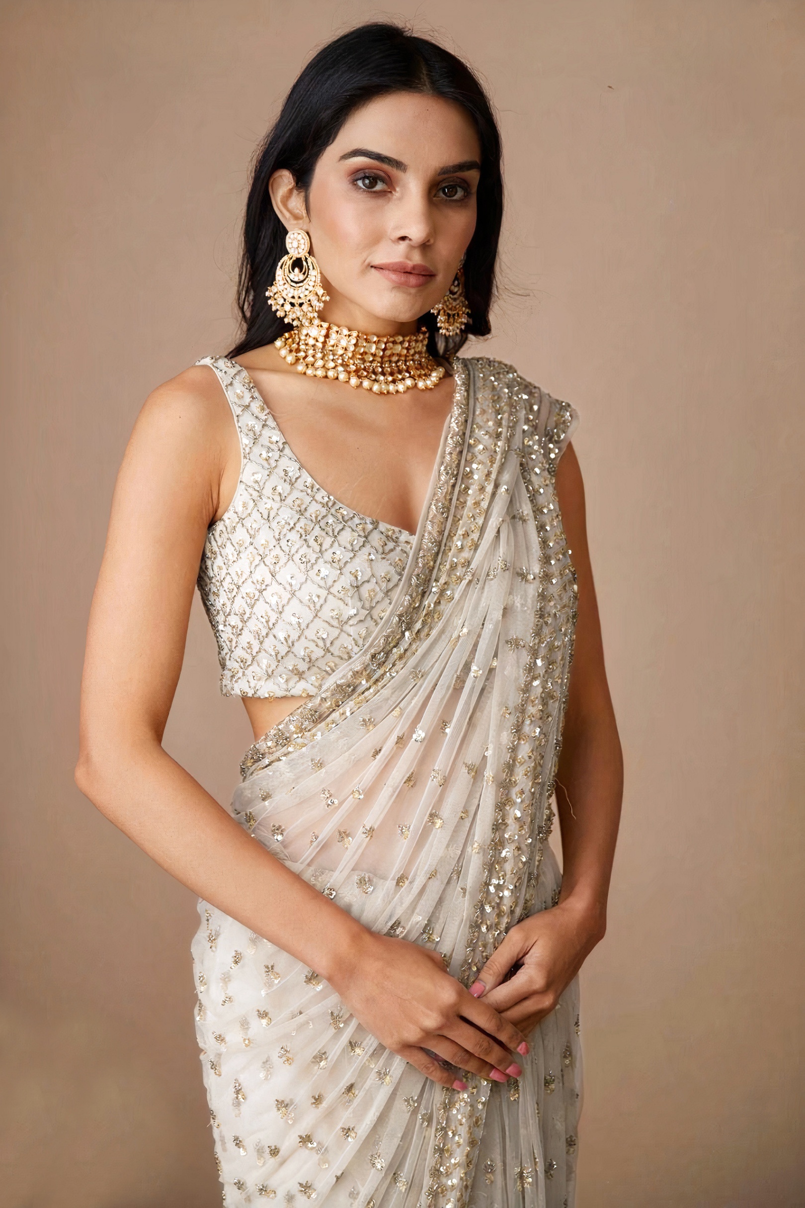 White Floral Sequin Net Saree