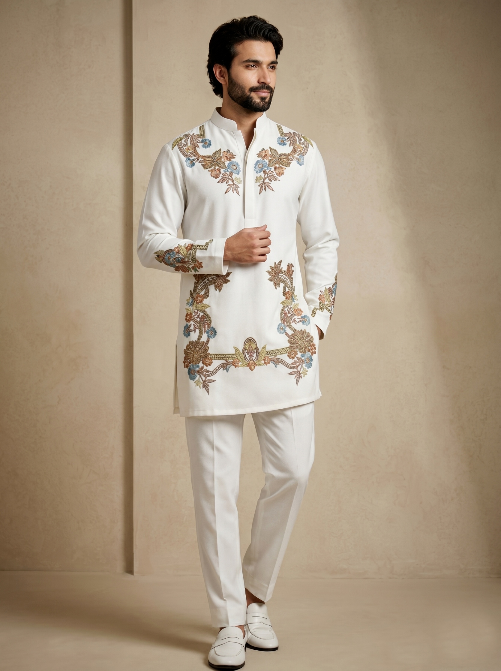 White Floral Thread Embroidery Armani Kurta Pyjama