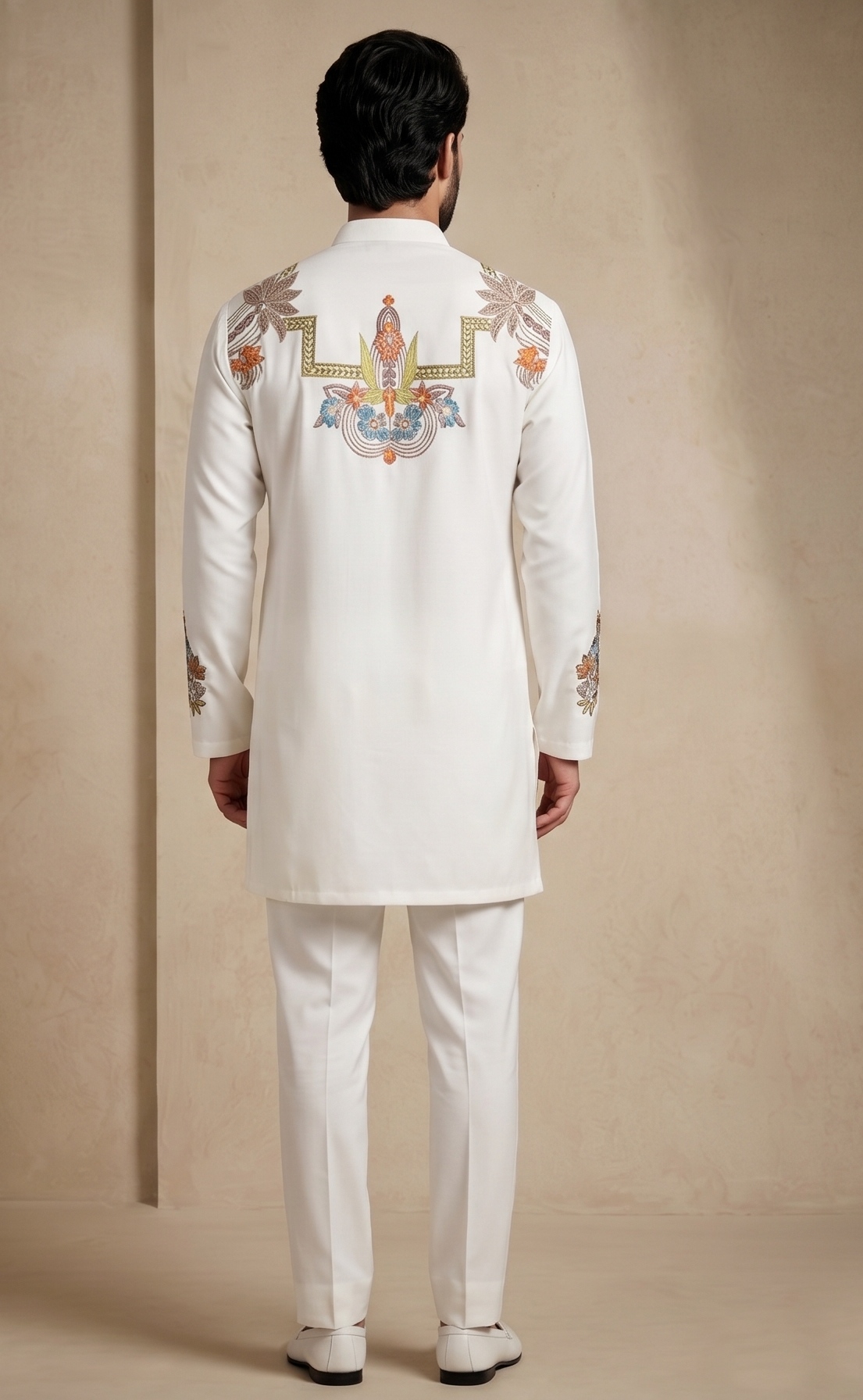 White Floral Thread Embroidery Armani Kurta Pyjama — alternate view