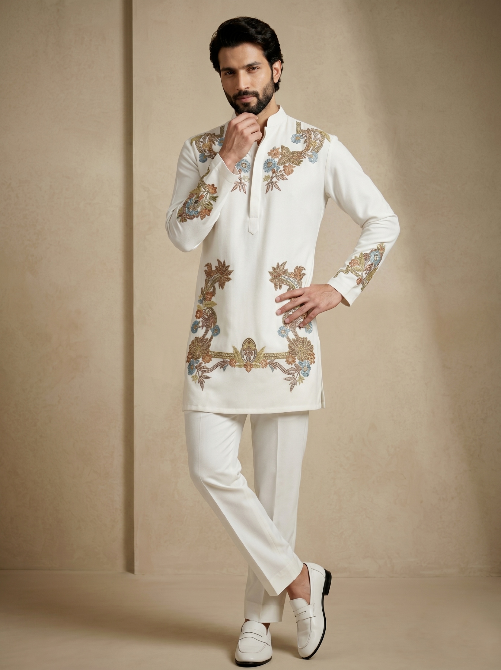 White Floral Thread Embroidery Armani Kurta Pyjama