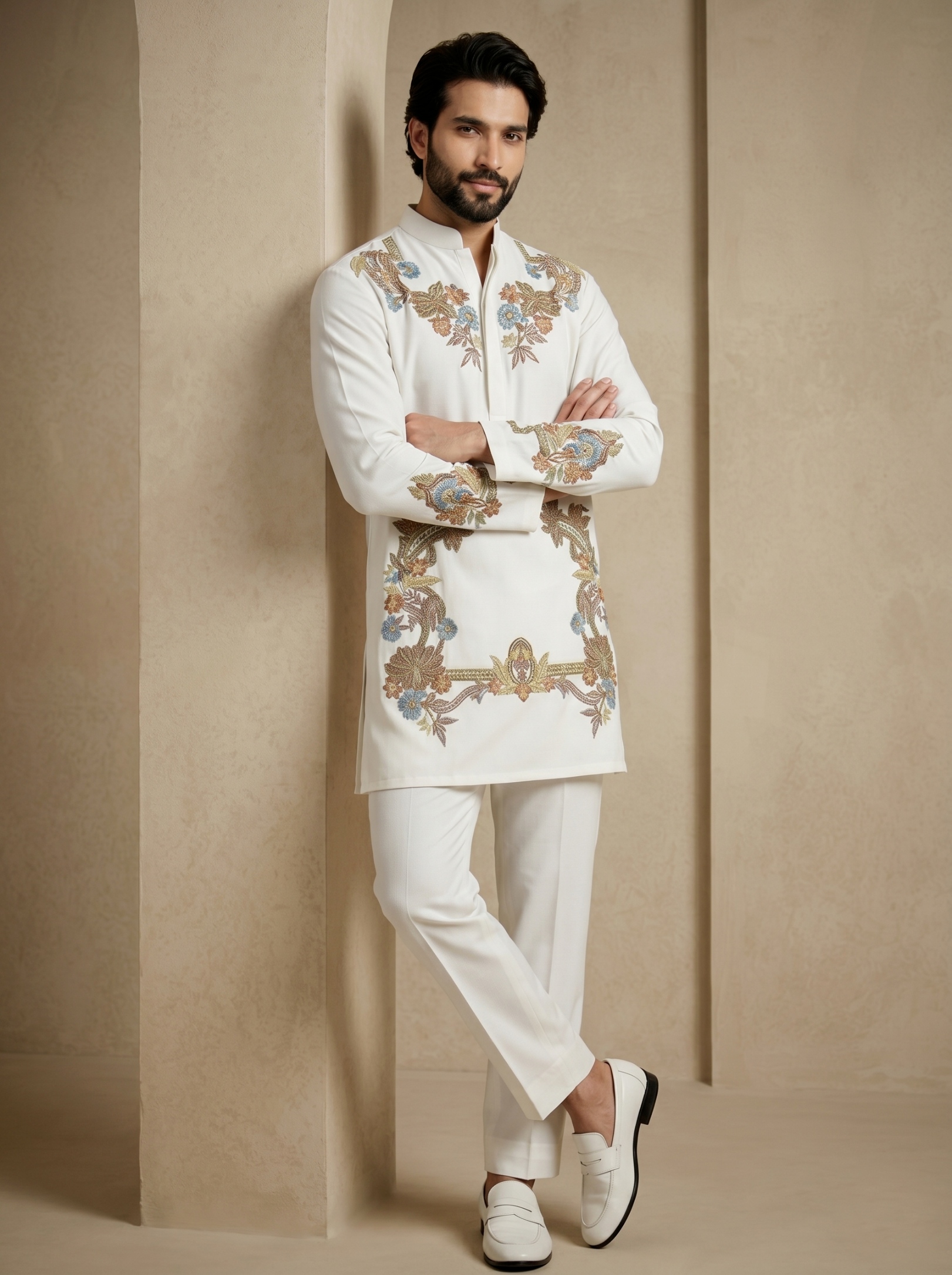 White Floral Thread Embroidery Armani Kurta Pyjama