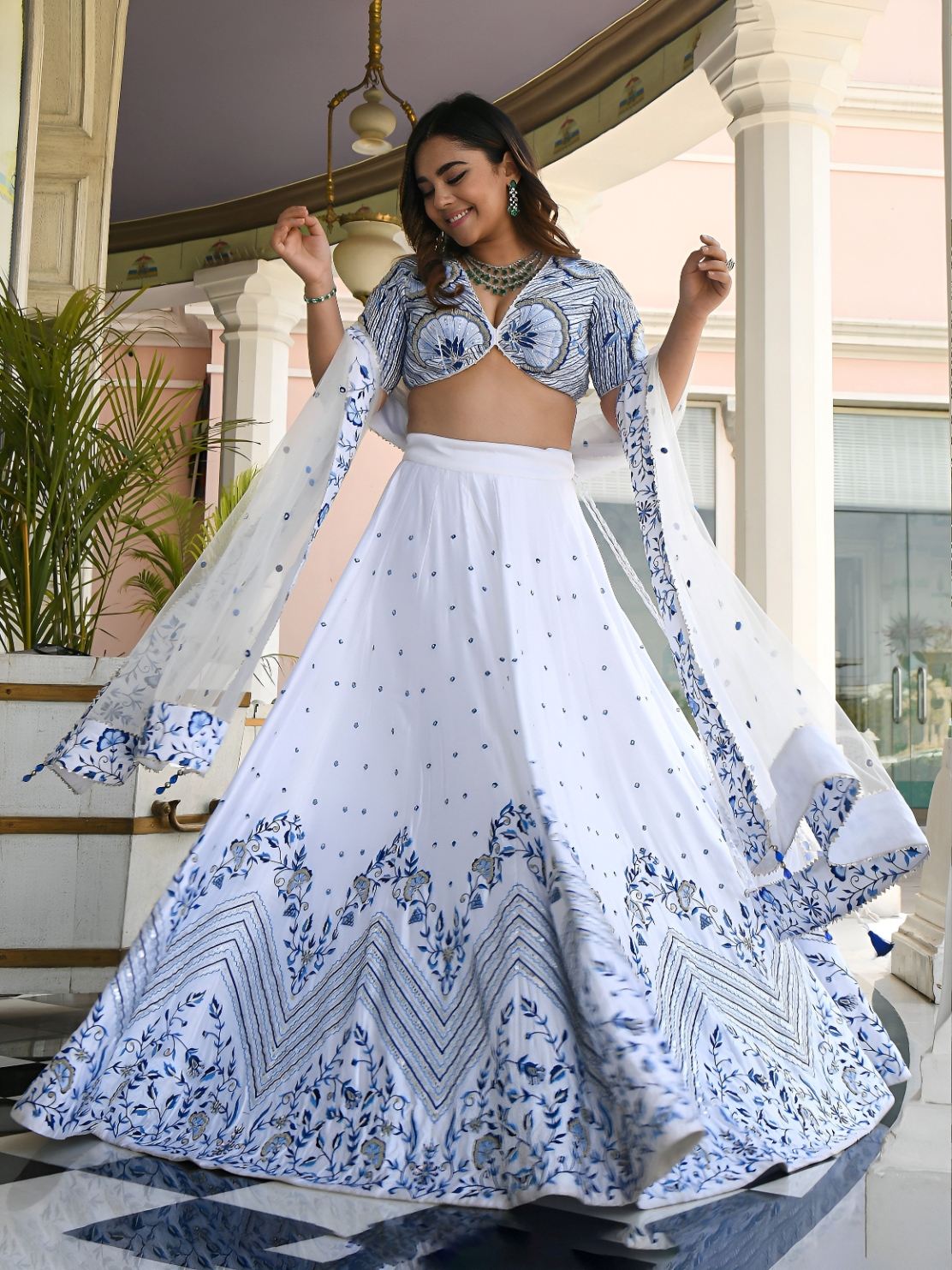 White Floral Thread Embroidery Satin Lehenga Choli