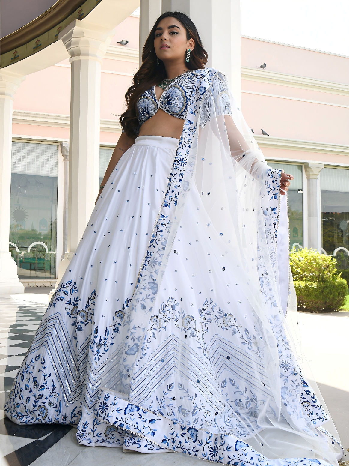 White Floral Thread Embroidery Satin Lehenga Choli
