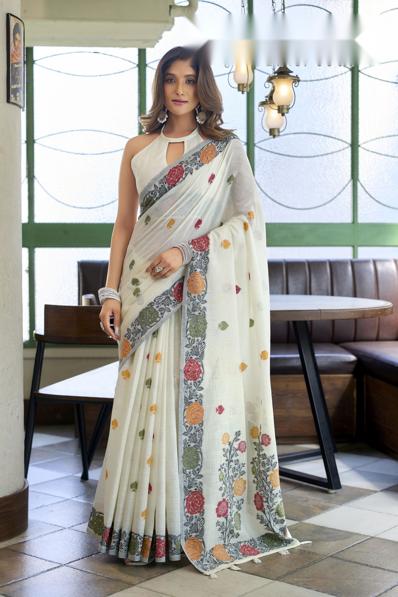 White Floral Woven Jacquard Handloom Linen Saree