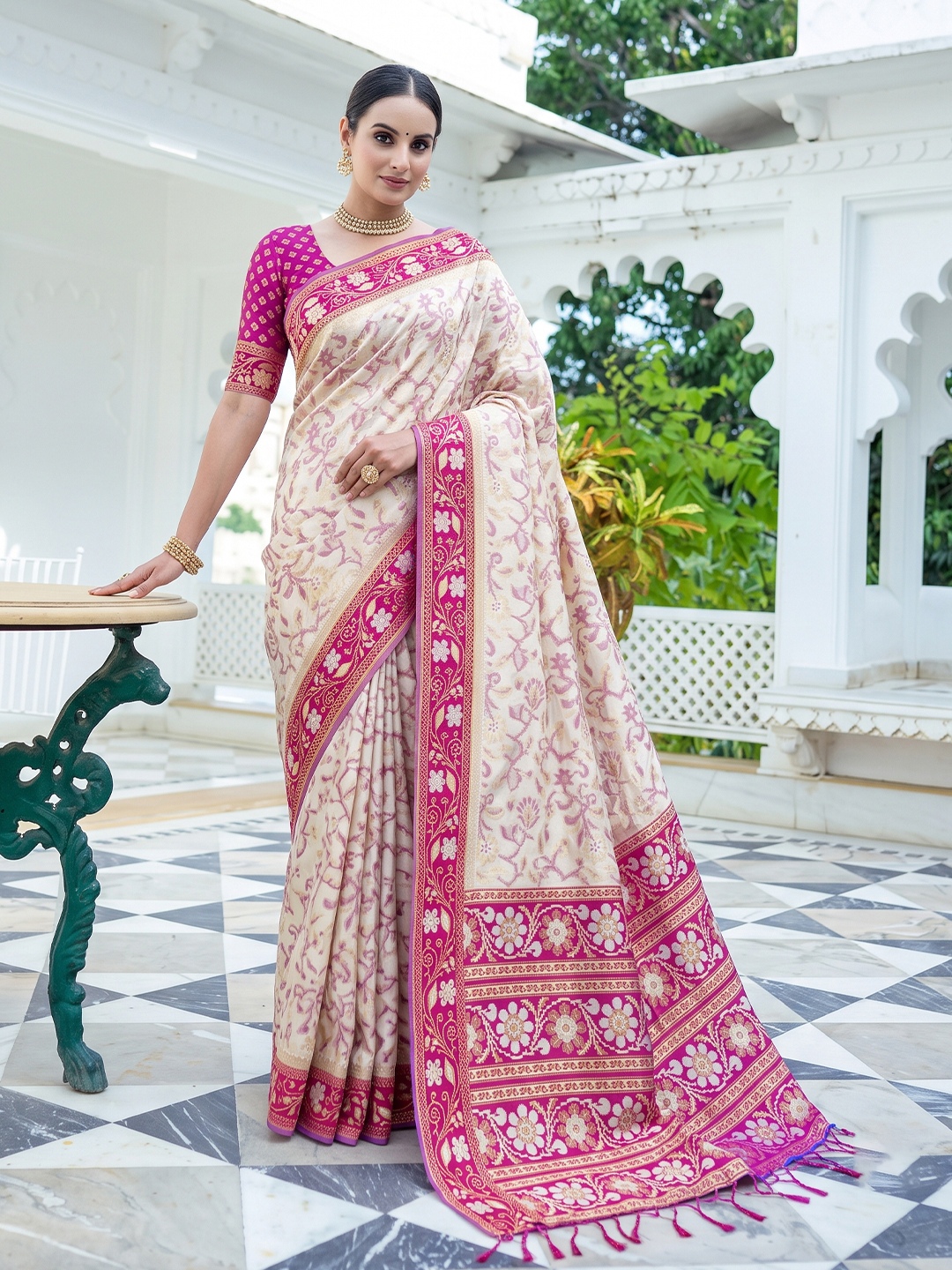 White Floral Woven Silk Saree