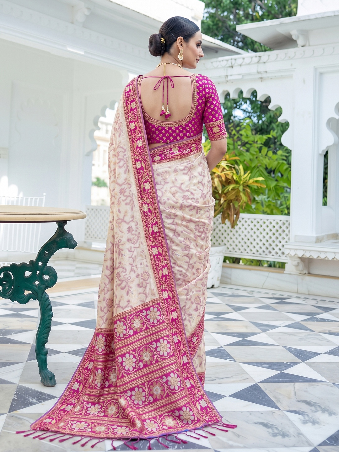 White Floral Woven Silk Saree — alternate view