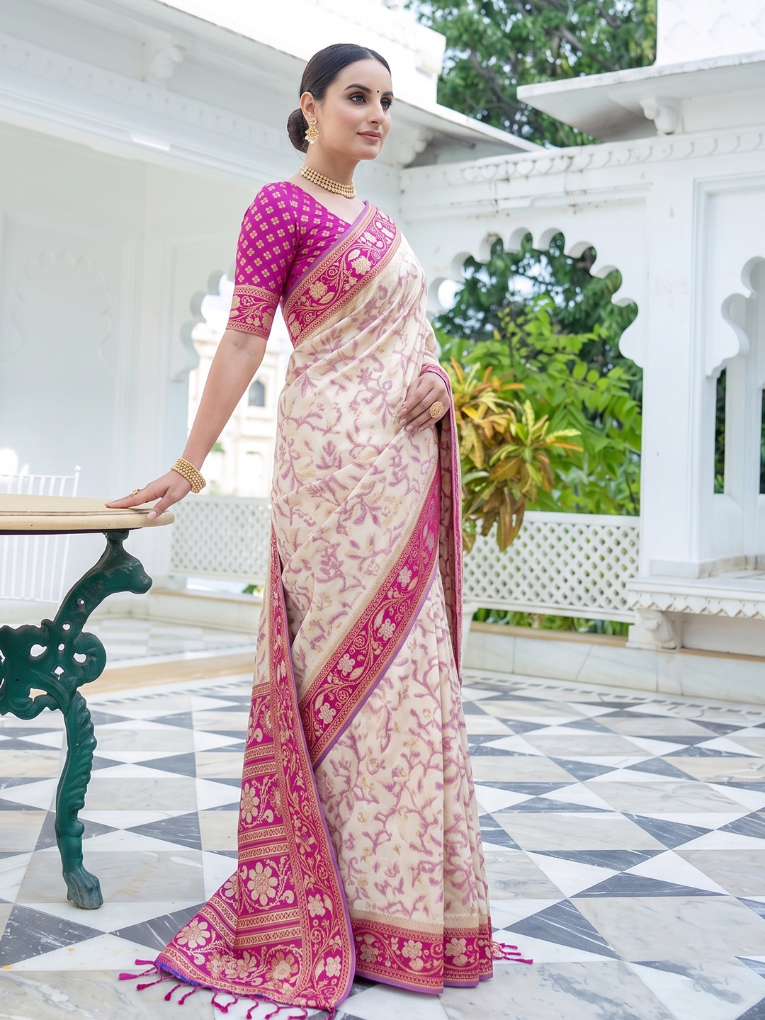White Floral Woven Silk Saree