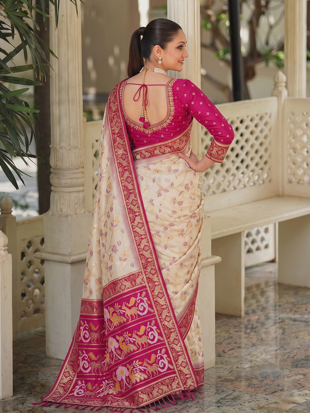 White Floral Woven Silk Saree — alternate view