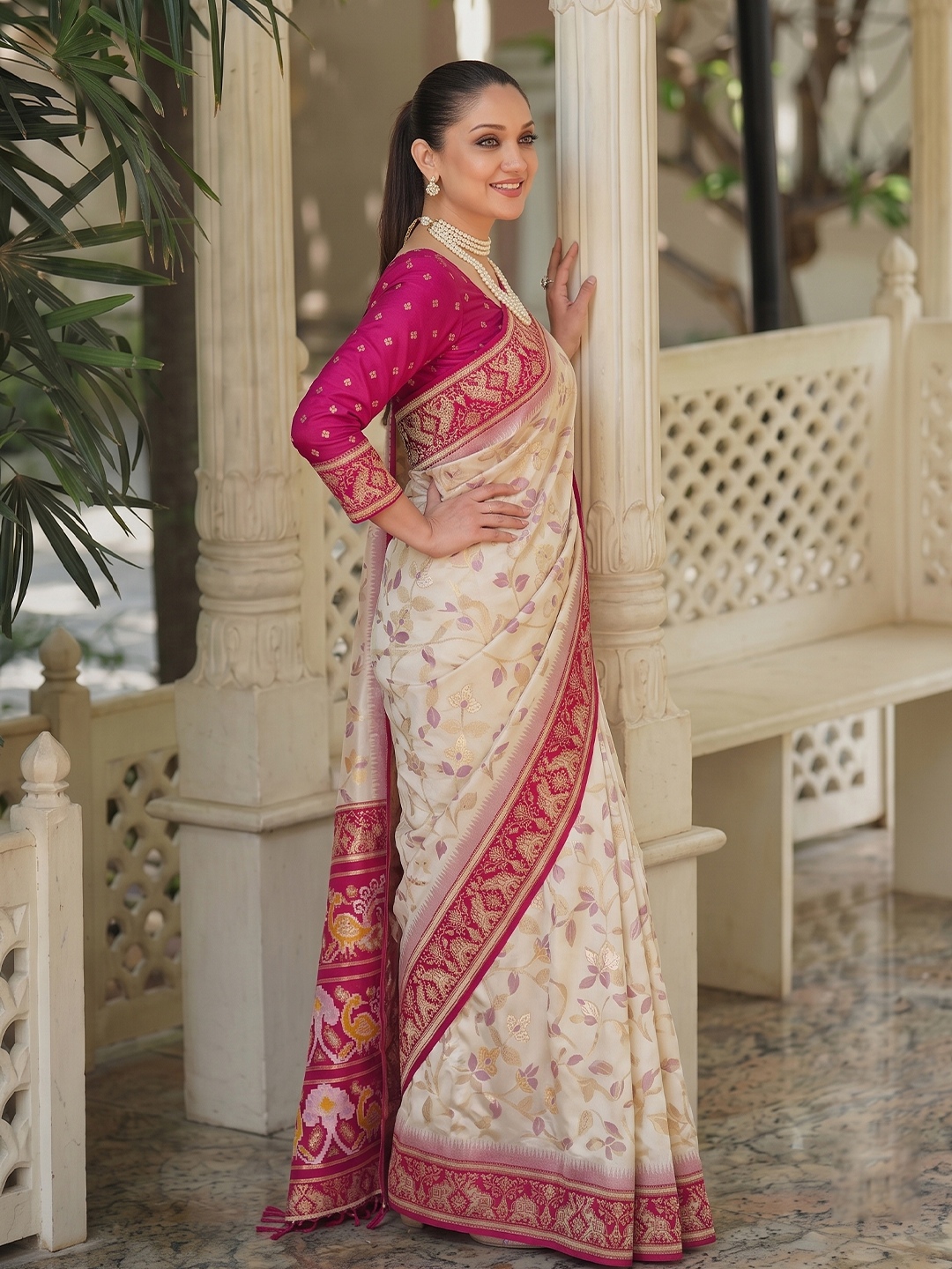 White Floral Woven Silk Saree