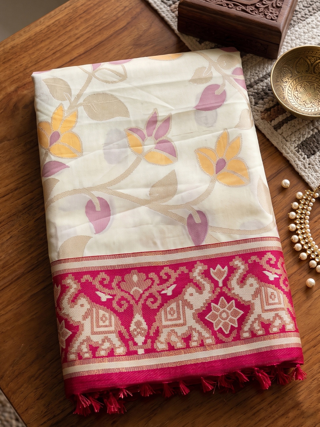 White Floral Woven Silk Saree
