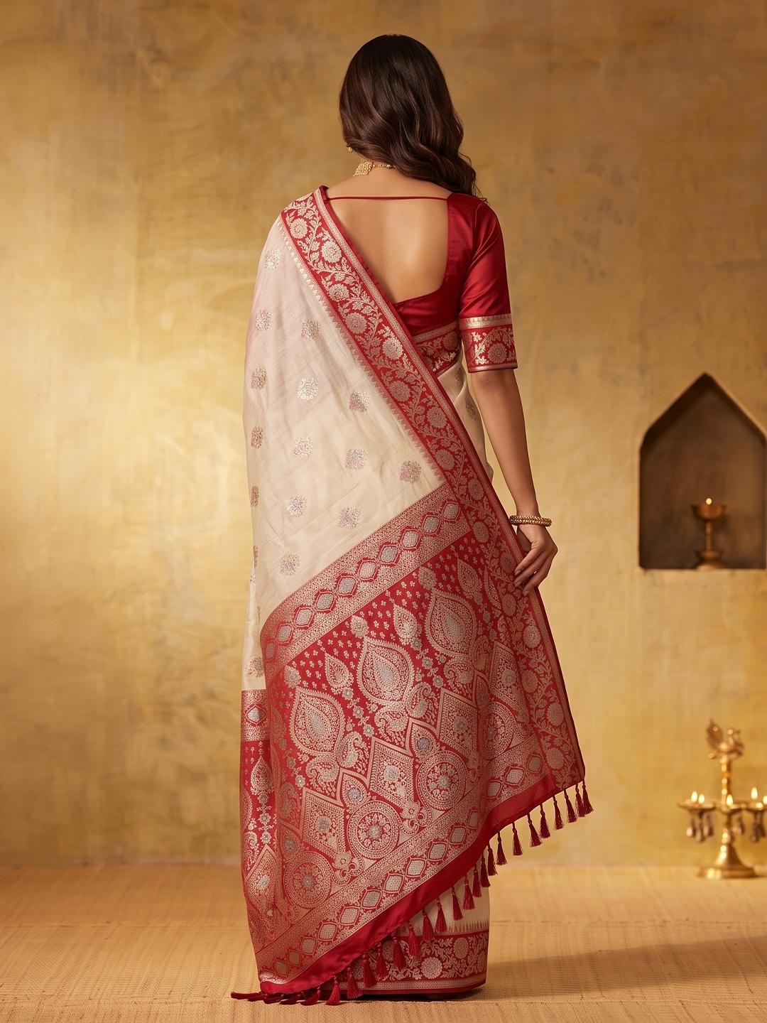 White Floral Woven Zari Silk Blend Saree — alternate view