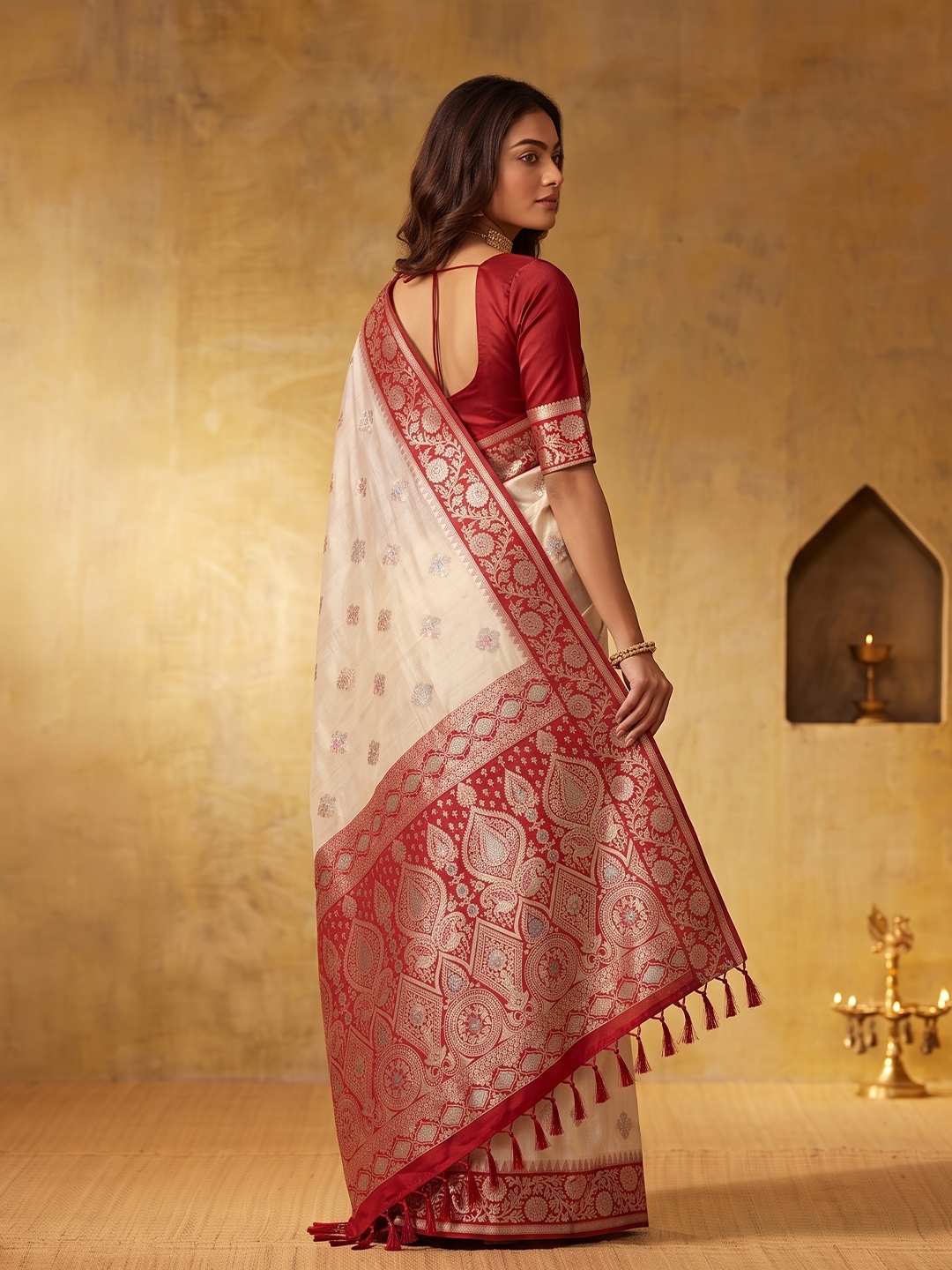 White Floral Woven Zari Silk Blend Saree