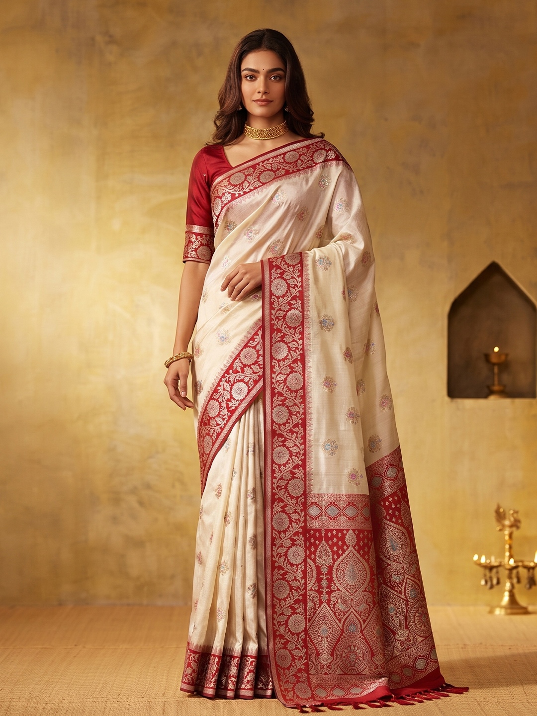 White Floral Woven Zari Silk Blend Saree