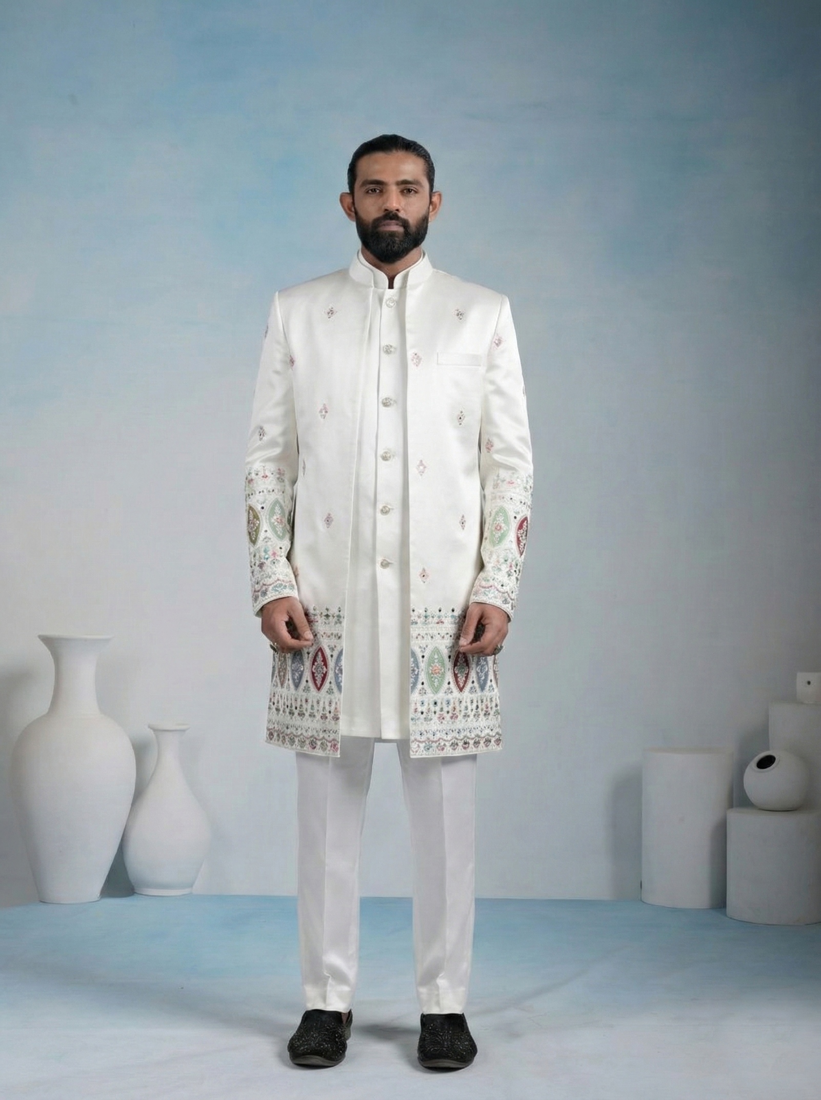 White Geometric Embroidery Armani Indo-Western Sherwani