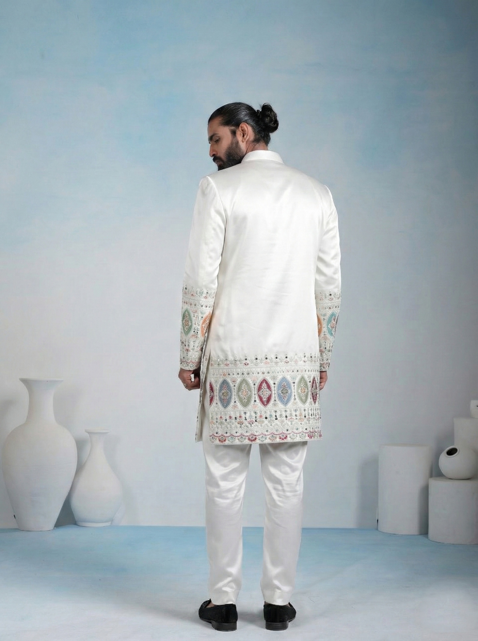 White Geometric Embroidery Armani Indo-Western Sherwani — alternate view