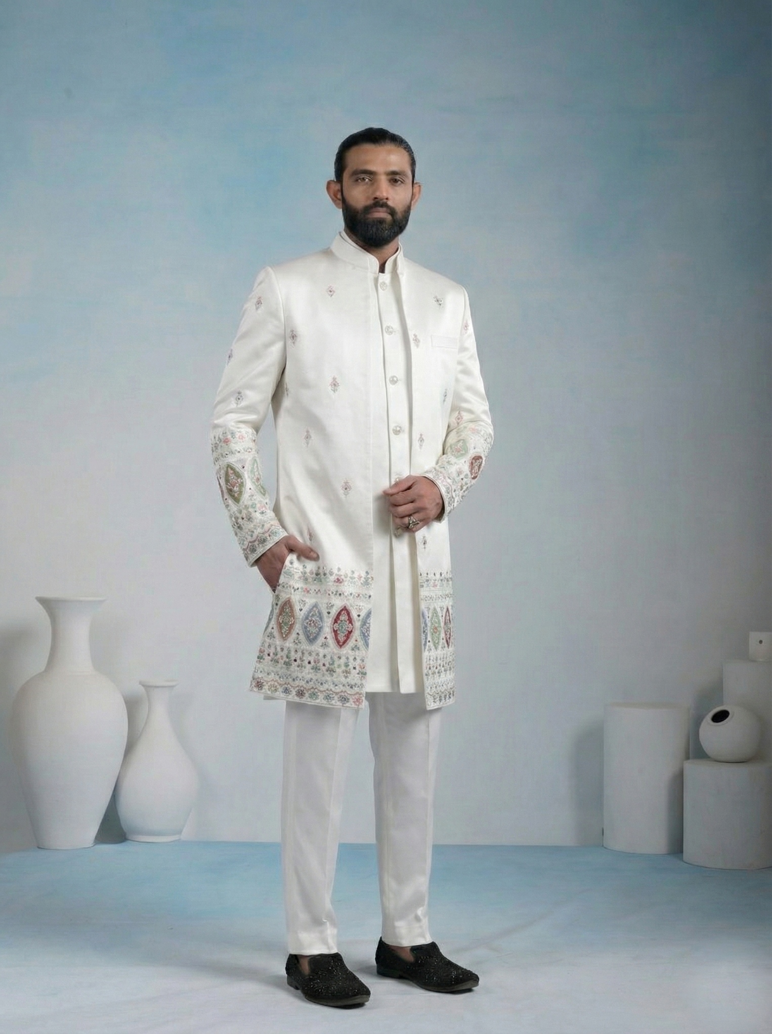 White Geometric Embroidery Armani Indo-Western Sherwani