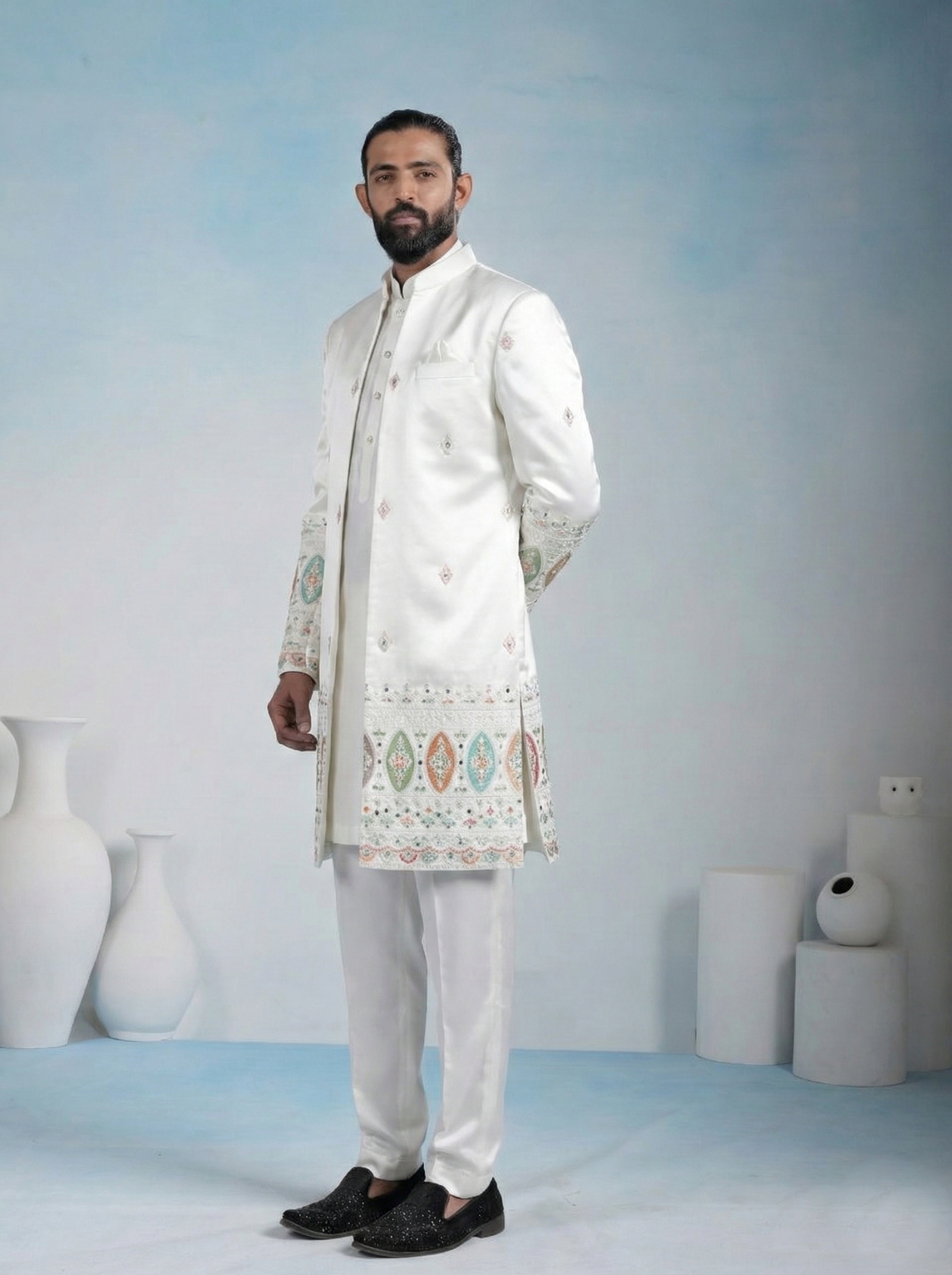 White Geometric Embroidery Armani Indo-Western Sherwani