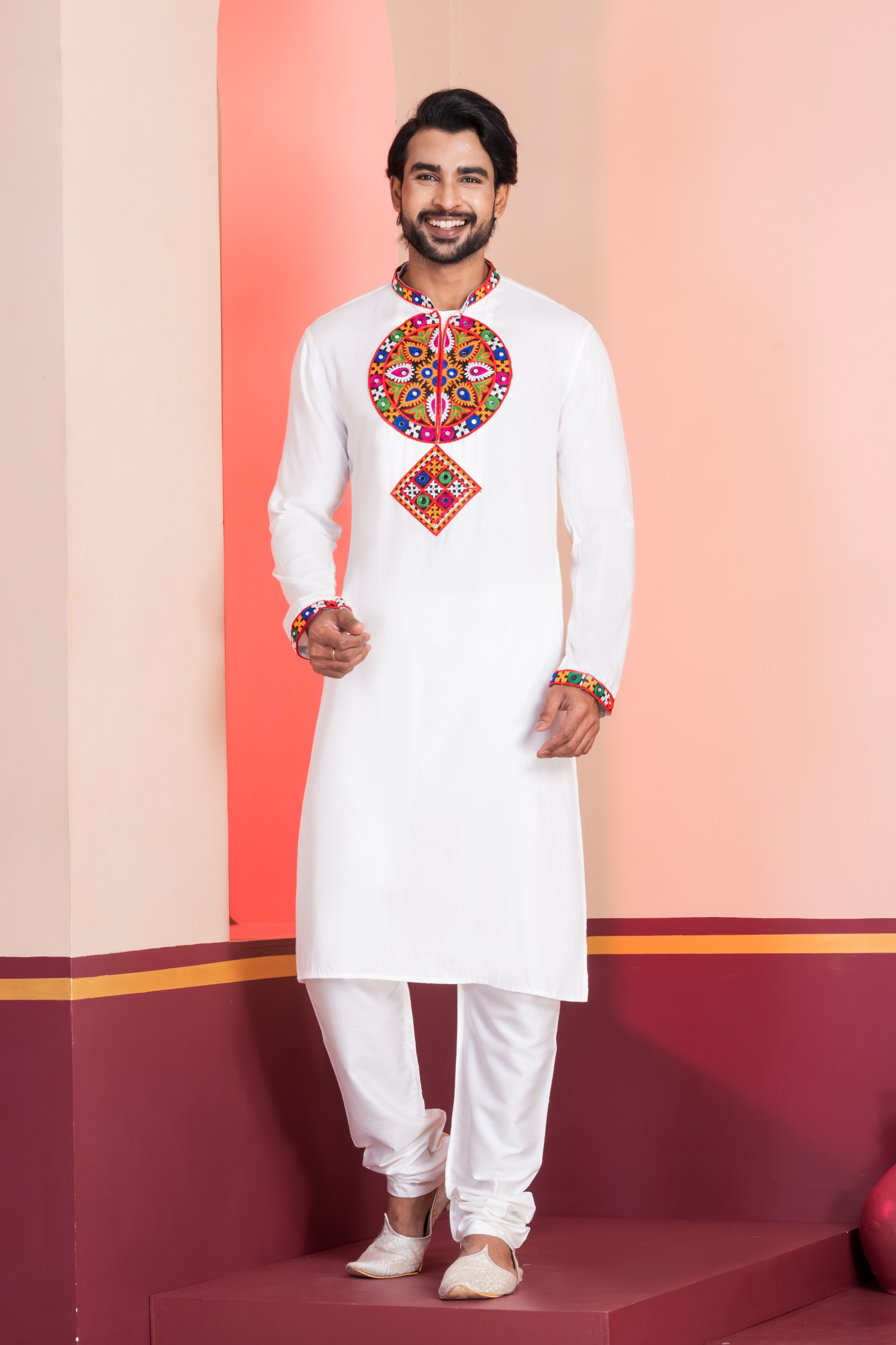 White Geometric Embroidery Rayon Kurta Pyjama