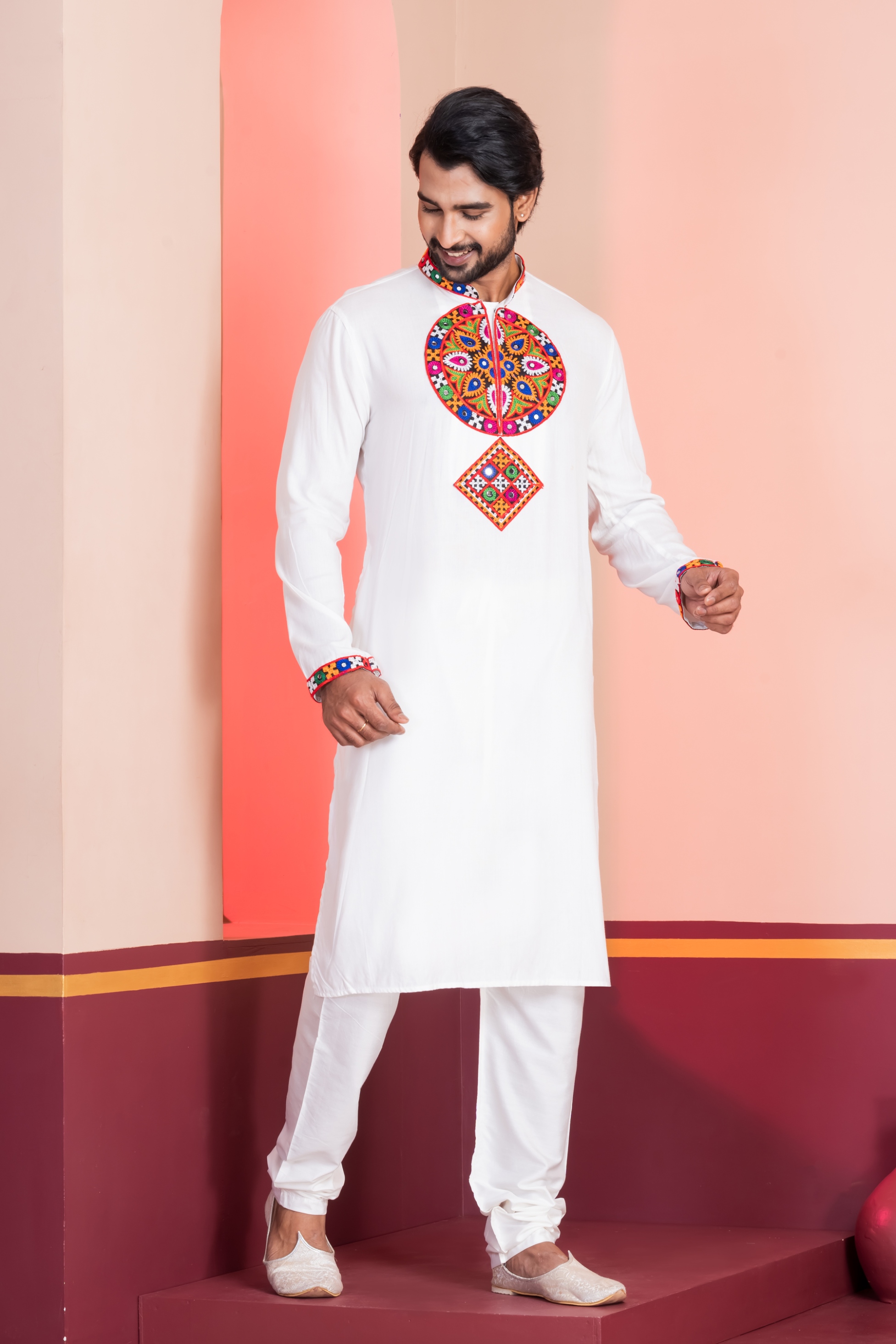White Geometric Embroidery Rayon Kurta Pyjama
