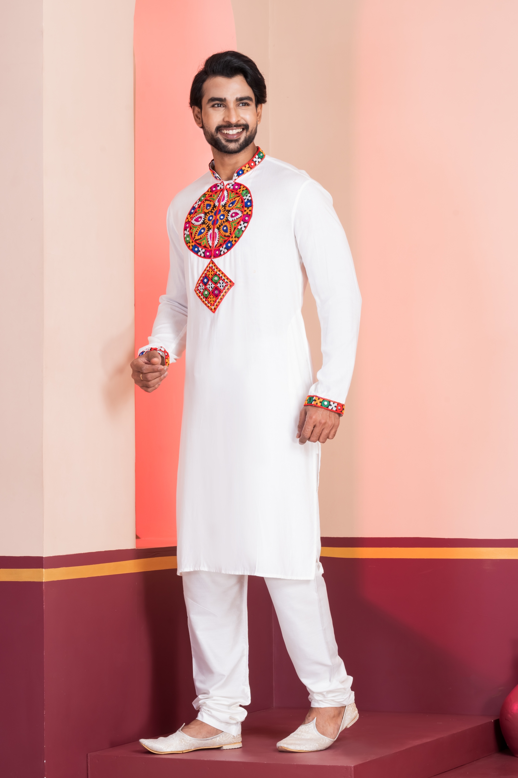 White Geometric Embroidery Rayon Kurta Pyjama