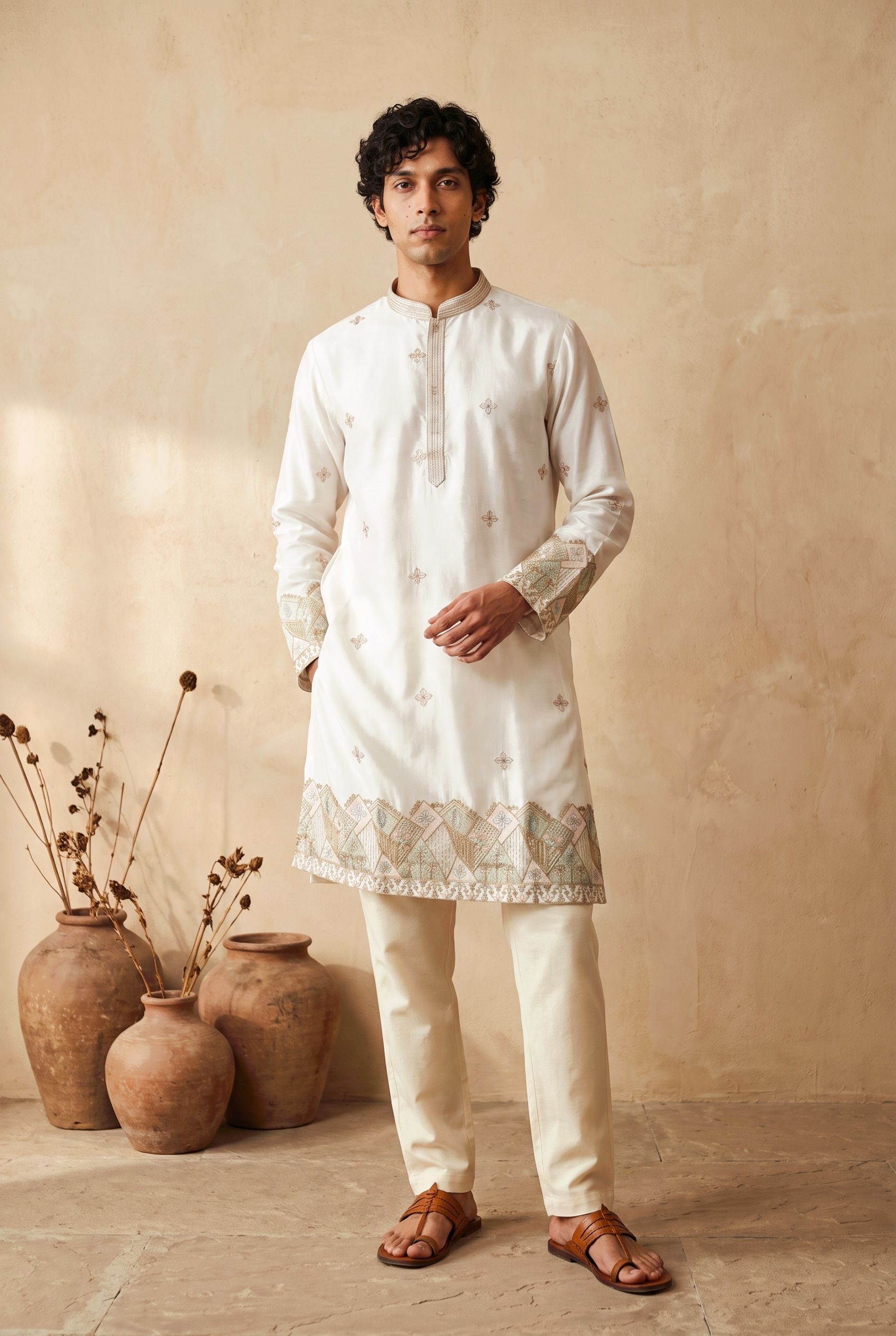 White Geometric Embroidery Silk Kurta Pyjama