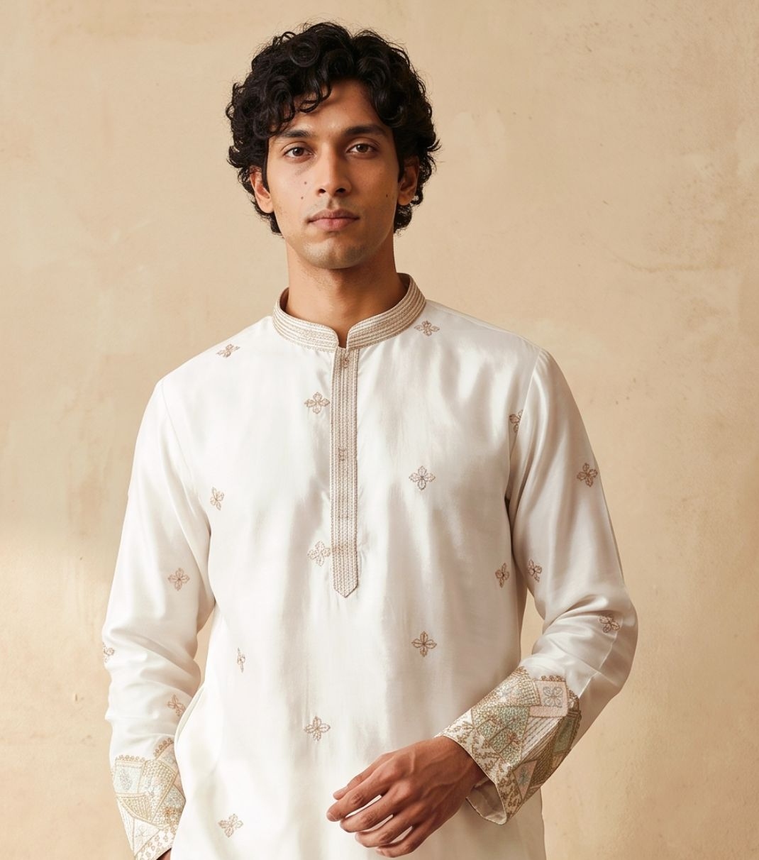 White Geometric Embroidery Silk Kurta Pyjama