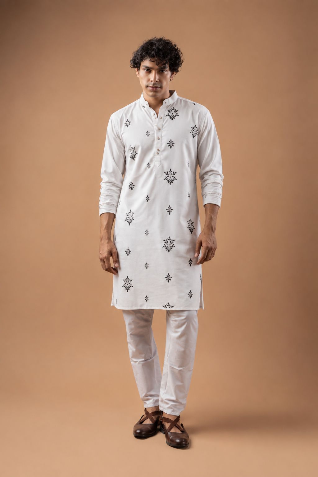 White Geometric Embroidery Viscose Silk Kurta Set