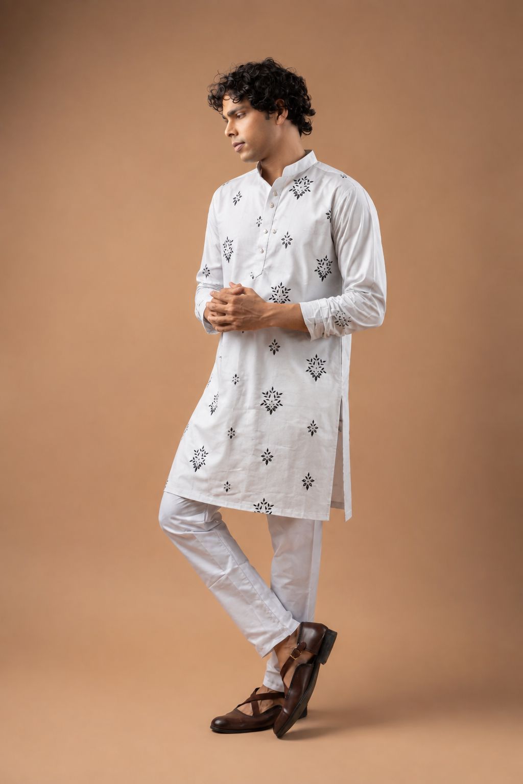 White Geometric Embroidery Viscose Silk Kurta Set