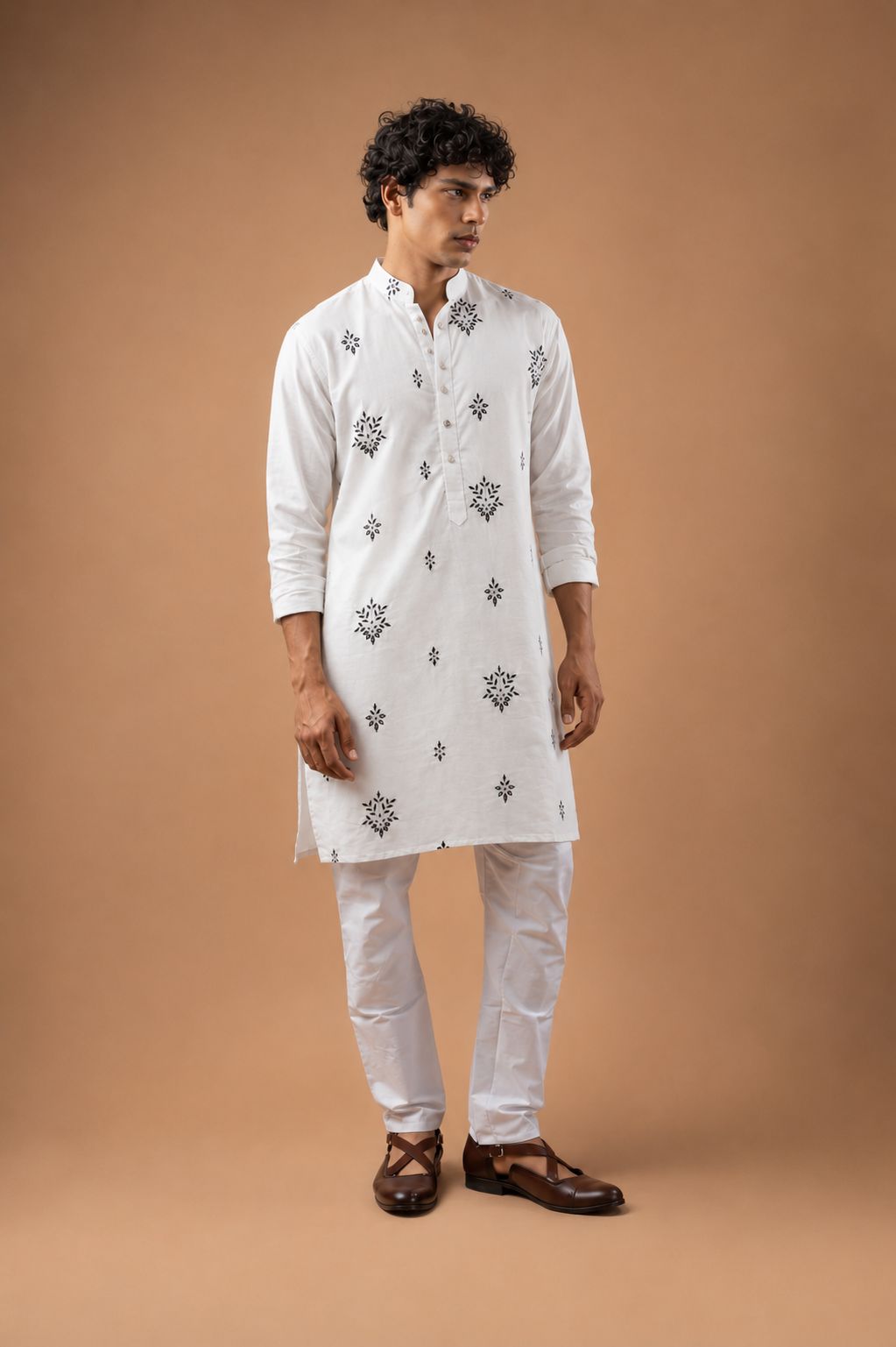White Geometric Embroidery Viscose Silk Kurta Set