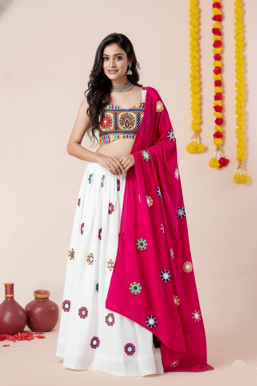 White Geometric Mirror Embroidery Rayon Umbrella Lehenga Choli