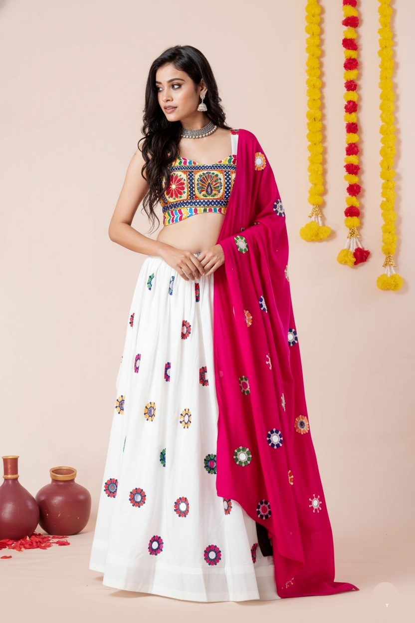 White Geometric Mirror Embroidery Rayon Umbrella Lehenga Choli — alternate view