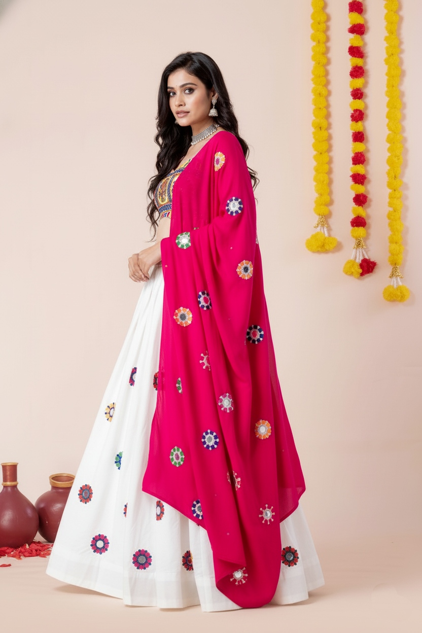 White Geometric Mirror Embroidery Rayon Umbrella Lehenga Choli