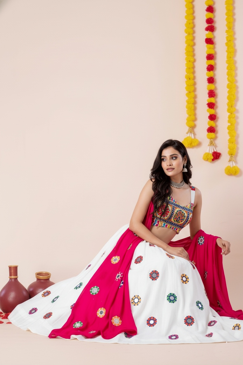 White Geometric Mirror Embroidery Rayon Umbrella Lehenga Choli