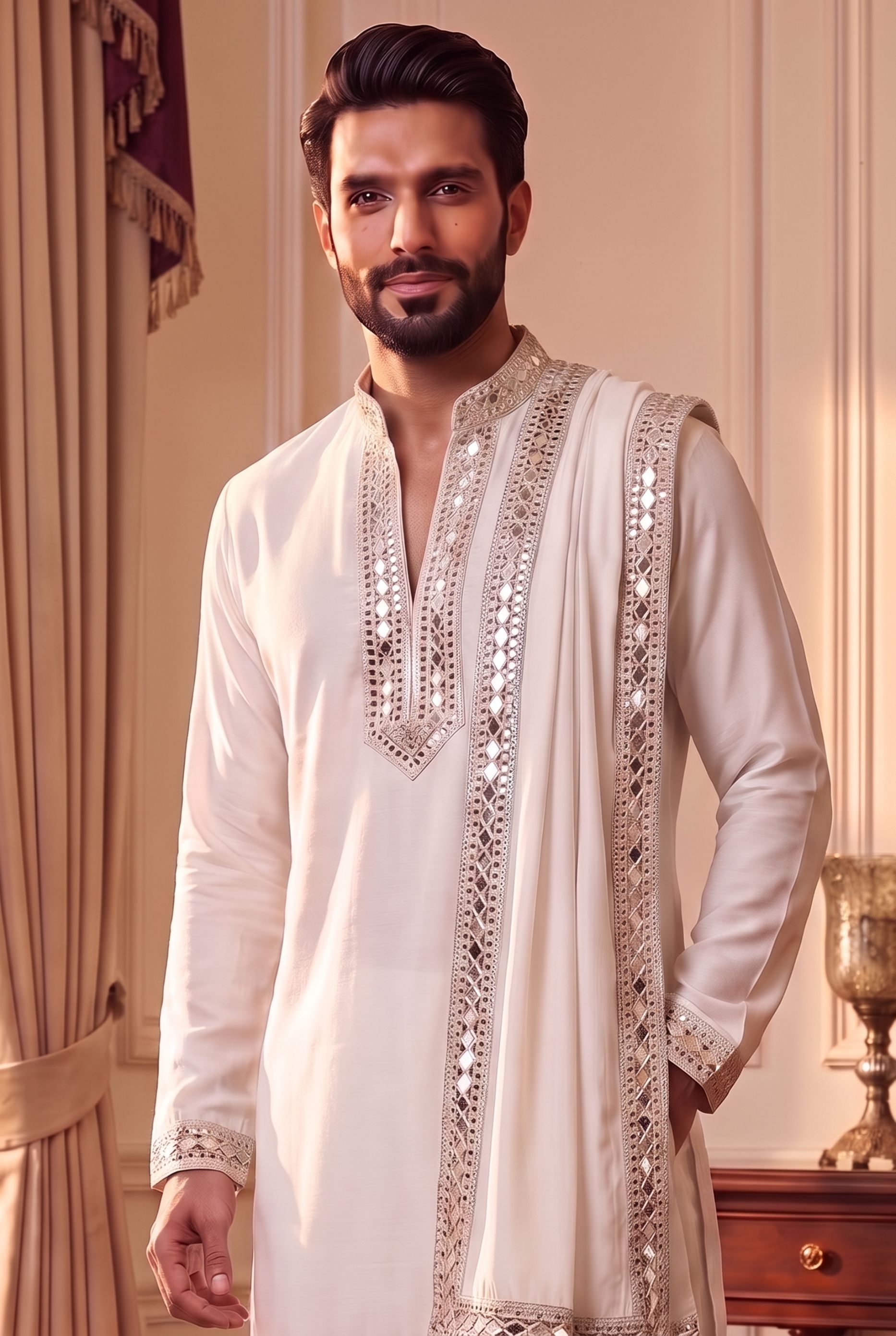 White Geometric Mirrorwork Lachaka Kurta Pyjama — alternate view