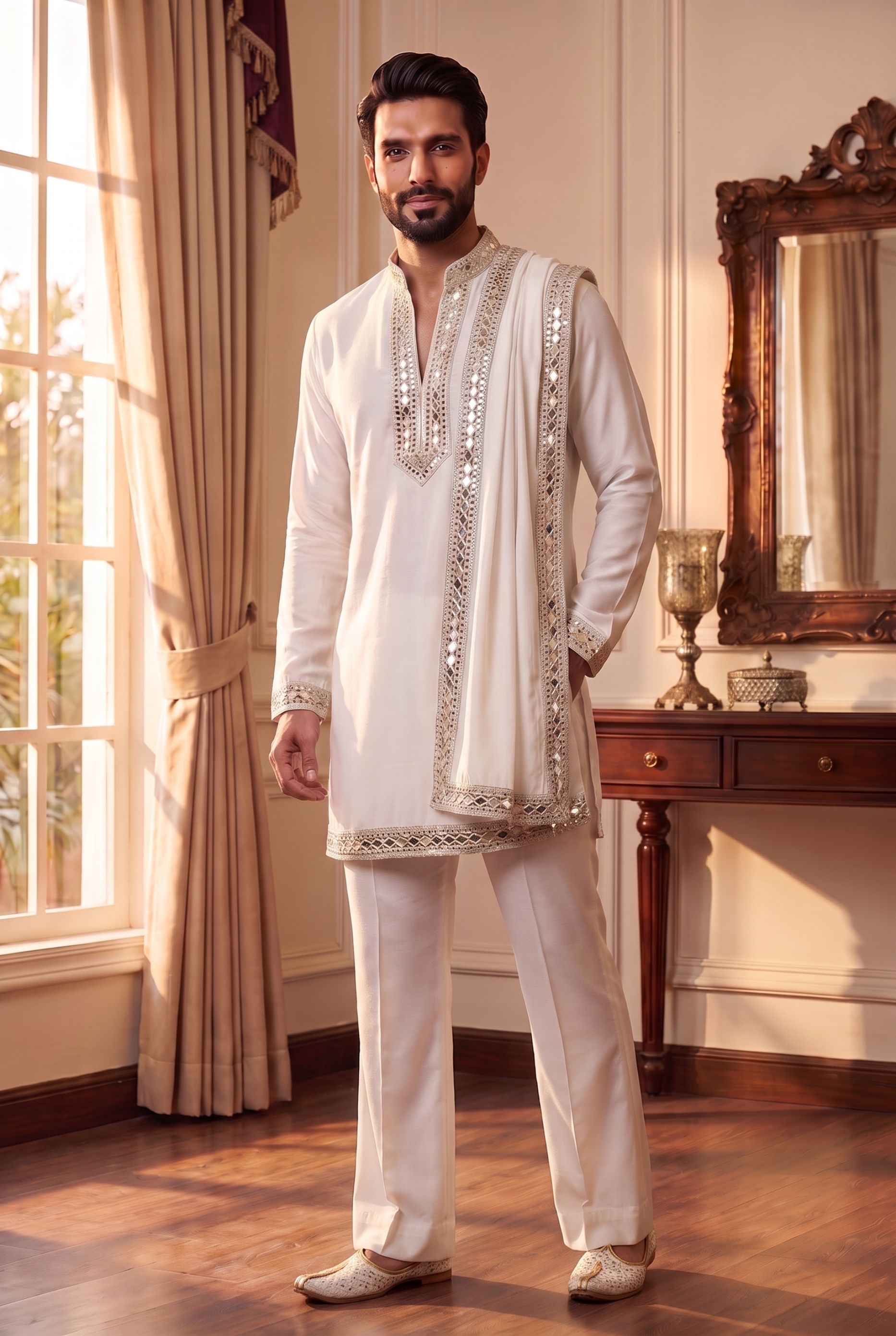 White Geometric Mirrorwork Lachaka Kurta Pyjama