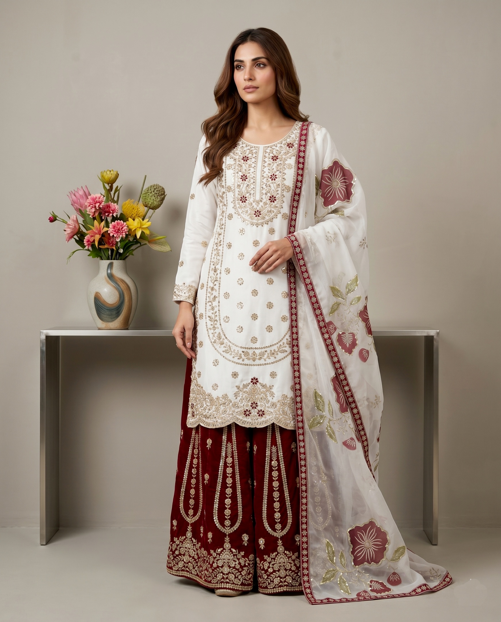 White Geometric Pure Gmy Silk Sharara Suit