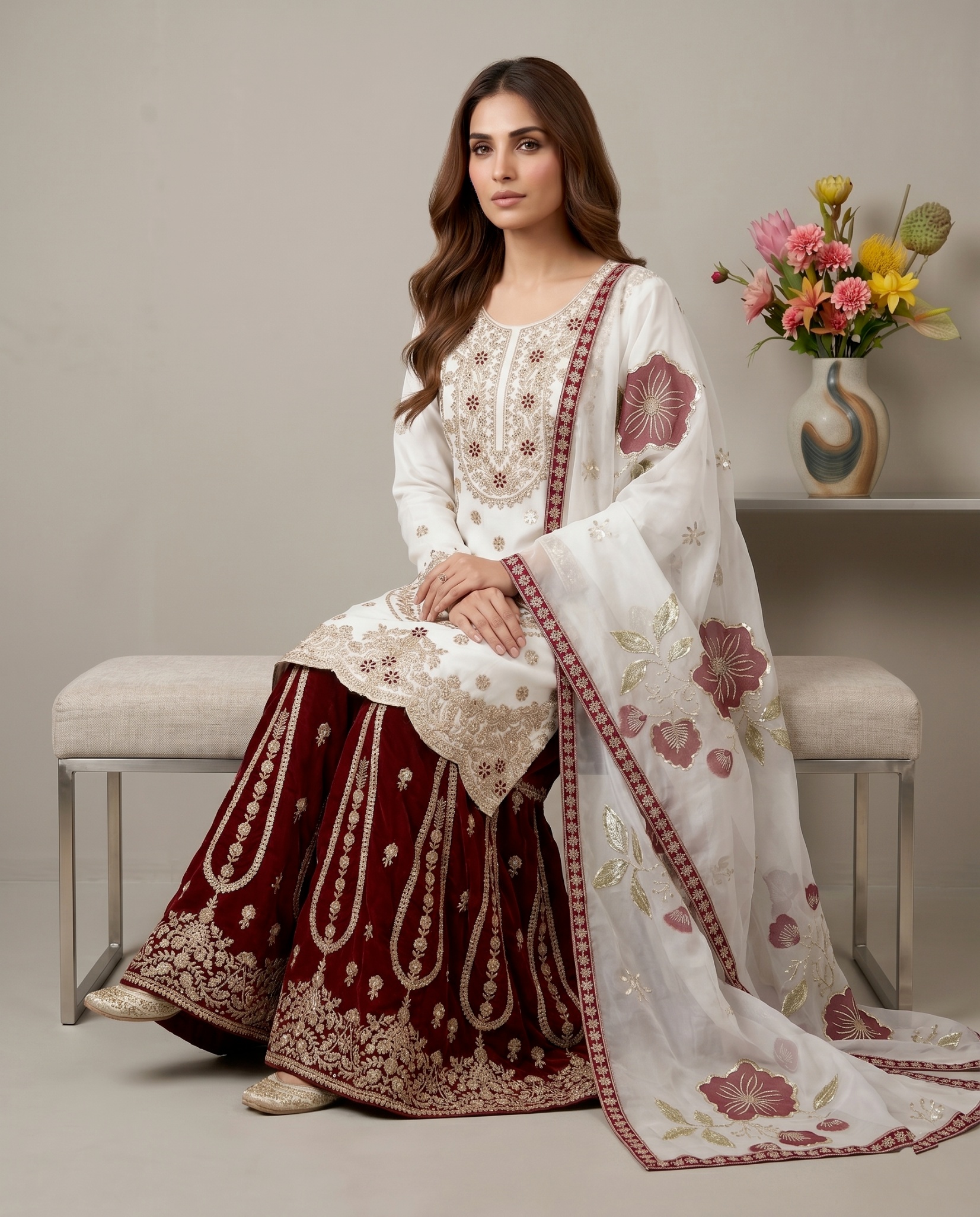 White Geometric Pure Gmy Silk Sharara Suit — alternate view