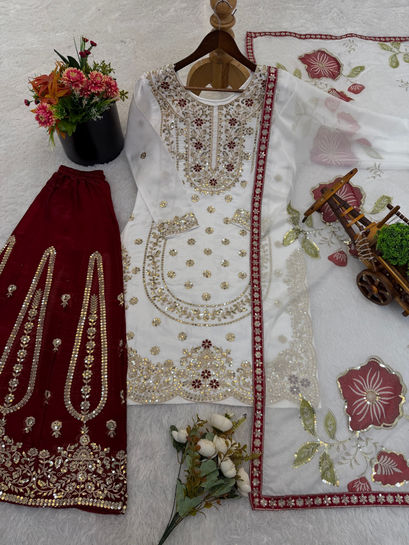 White Geometric Pure Gmy Silk Sharara Suit