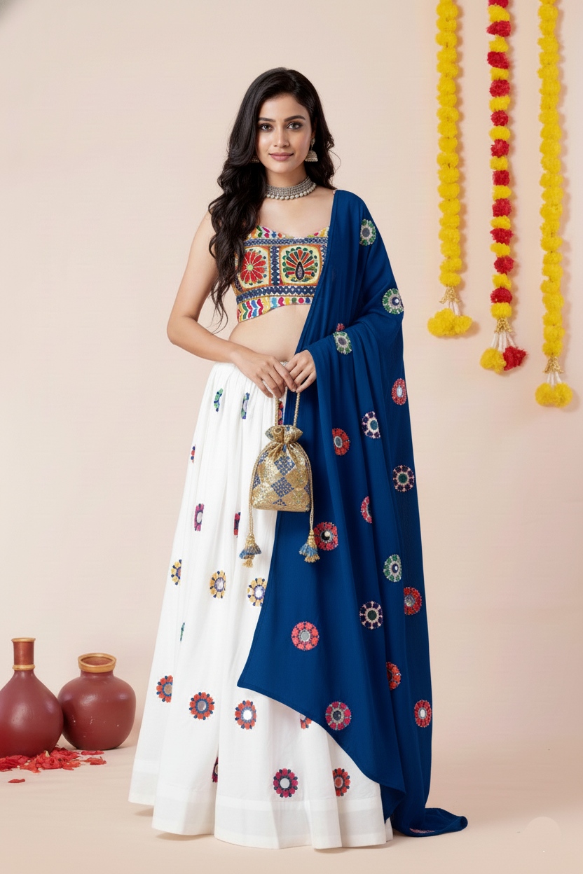White Geometric Thread Embroidery Rayon Umbrella Lehenga Choli