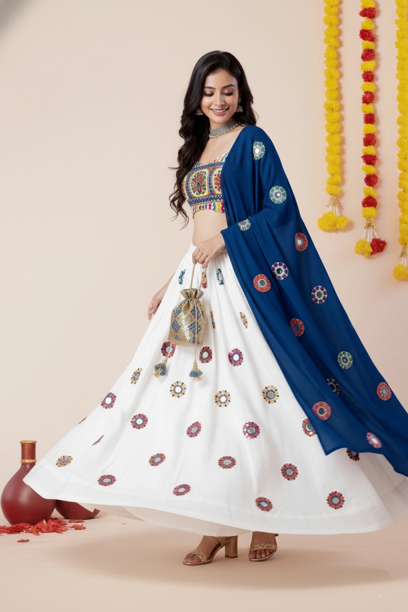 White Geometric Thread Embroidery Rayon Umbrella Lehenga Choli — alternate view