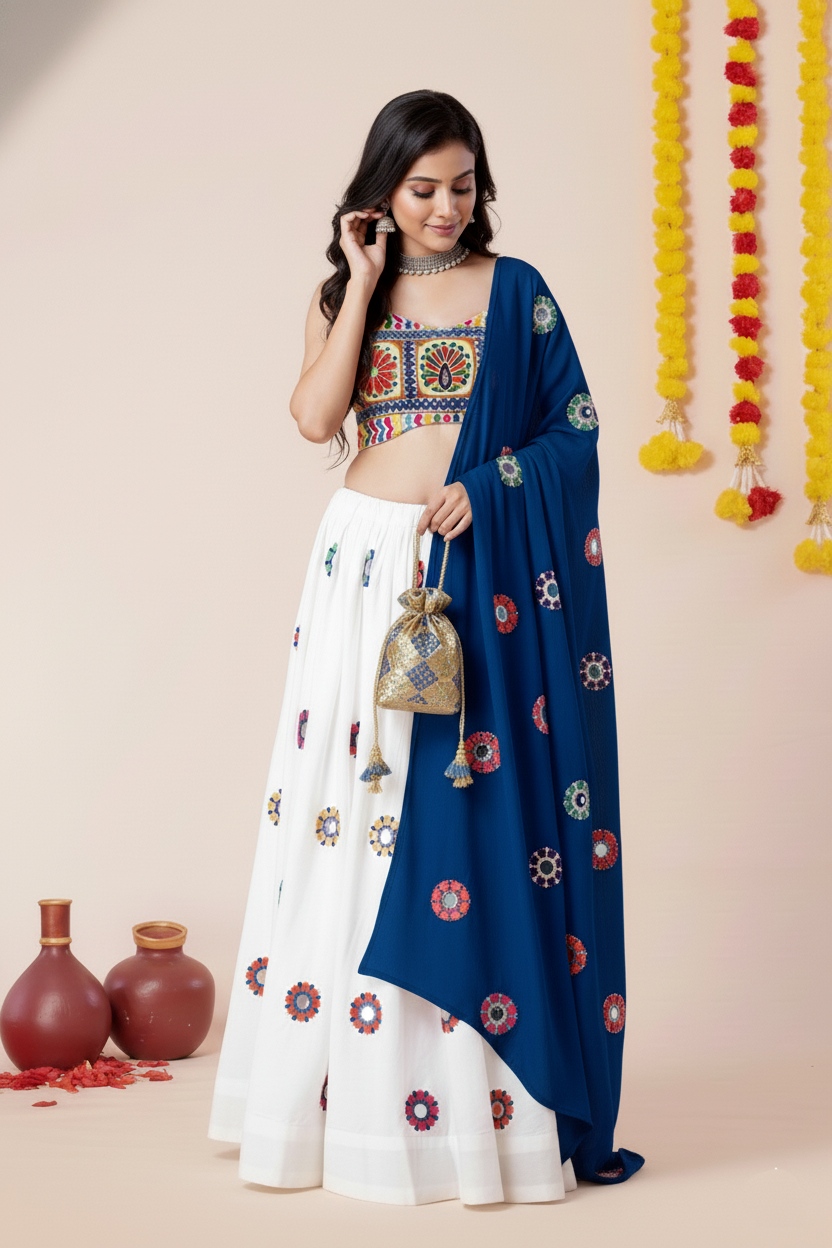 White Geometric Thread Embroidery Rayon Umbrella Lehenga Choli