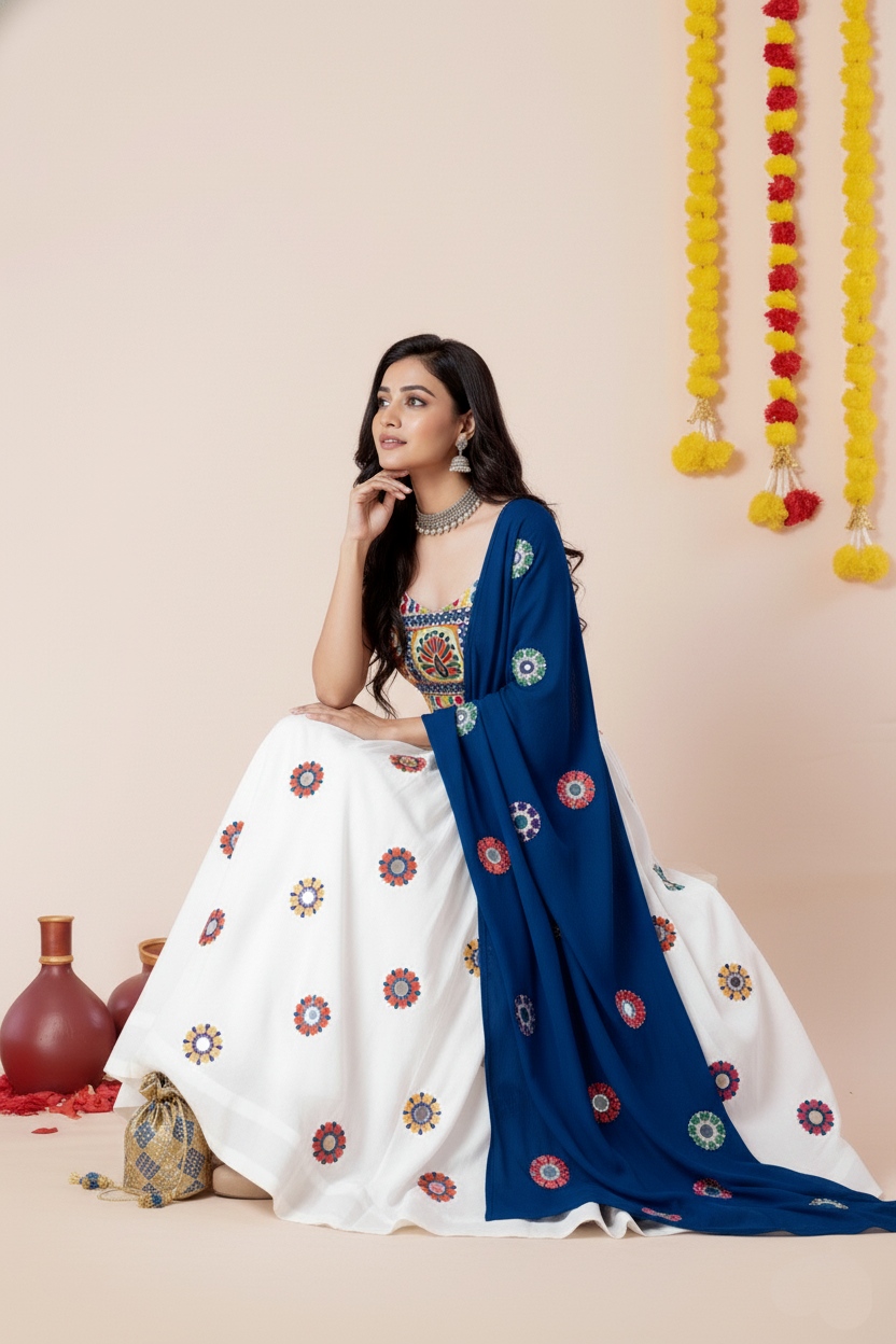 White Geometric Thread Embroidery Rayon Umbrella Lehenga Choli