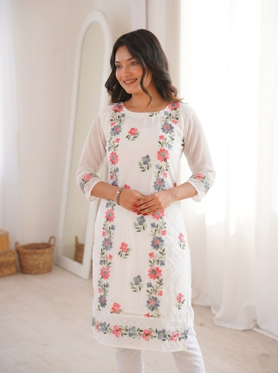 White Georgette Chikankari Kurti — alternate view