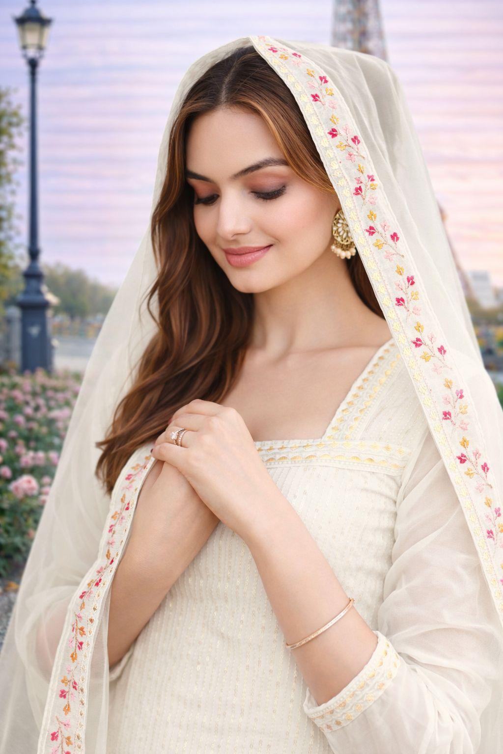 White Georgette Floral Embroidered Sharara Suit — alternate view