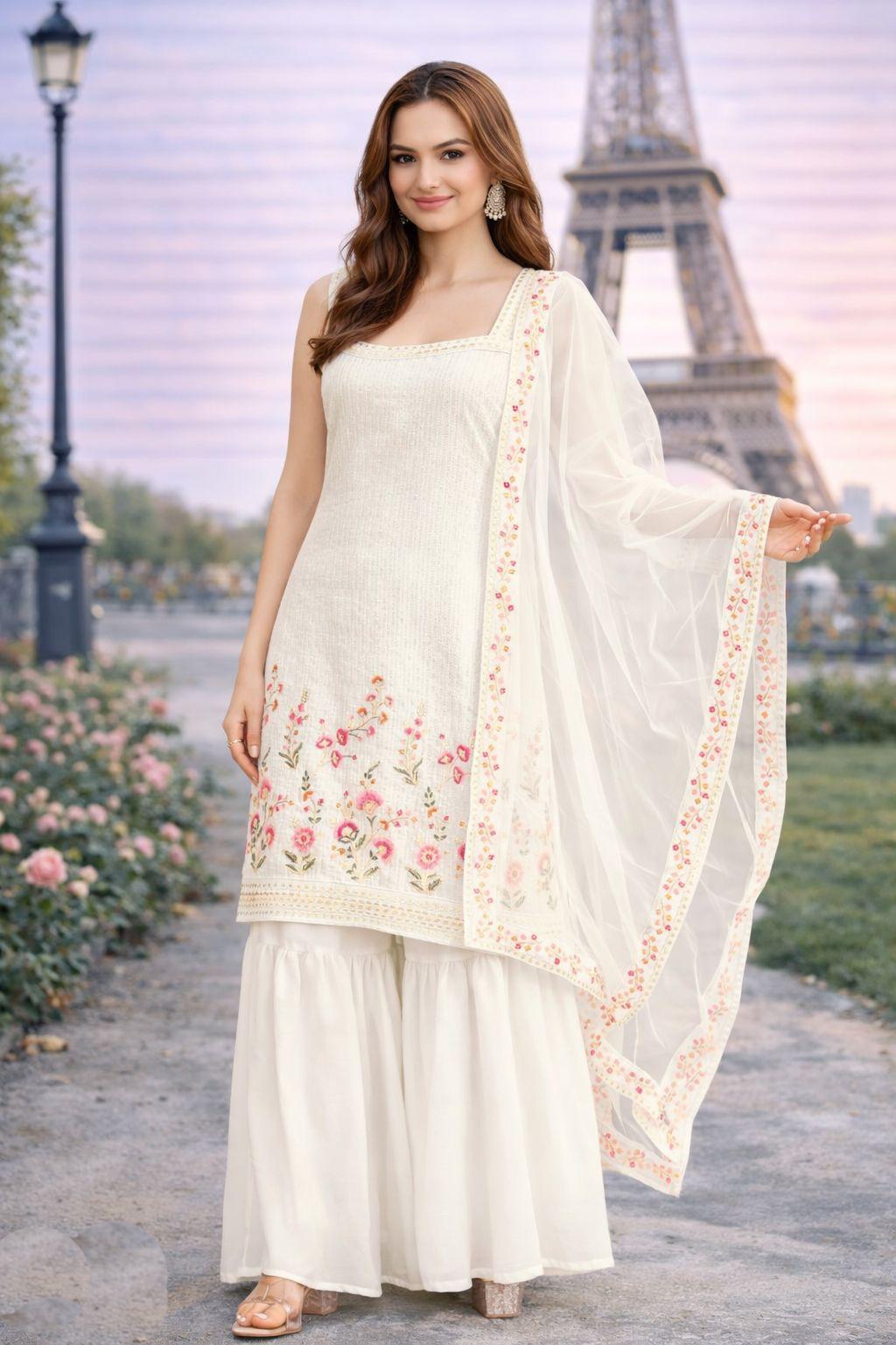 White Georgette Floral Embroidered Sharara Suit